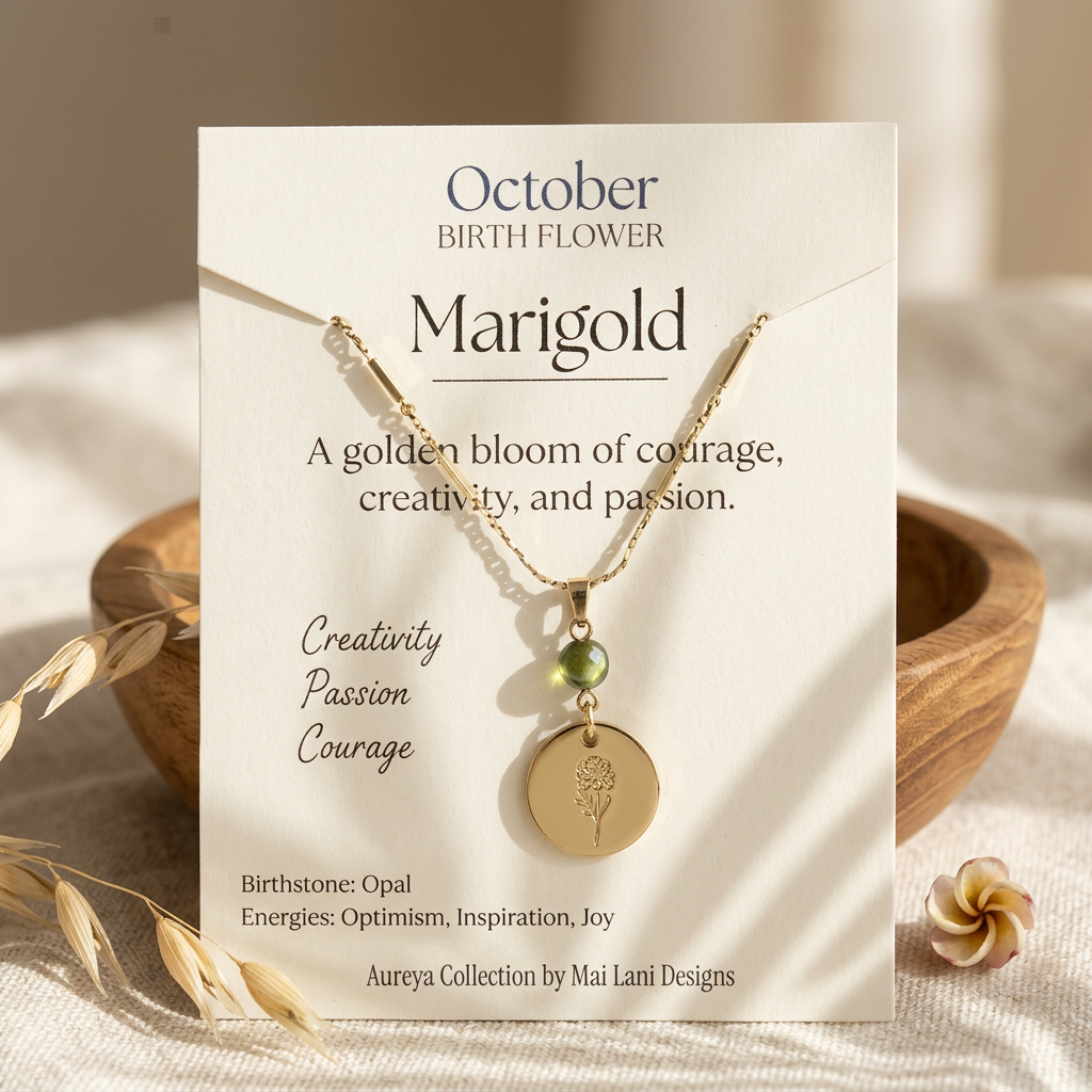 October Birth Flower Necklace | Marigold & Green Tourmaline Birthstone Necklace