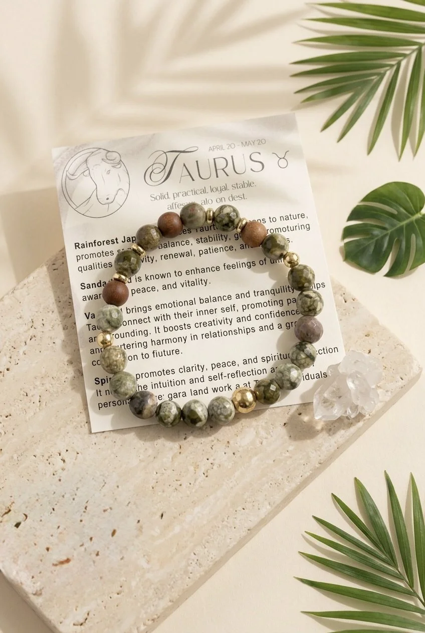 Taurus Zodiac Bracelet | Rainforest Jasper, Variscite, Sandalwood & Selenite Gemstone Bracelet