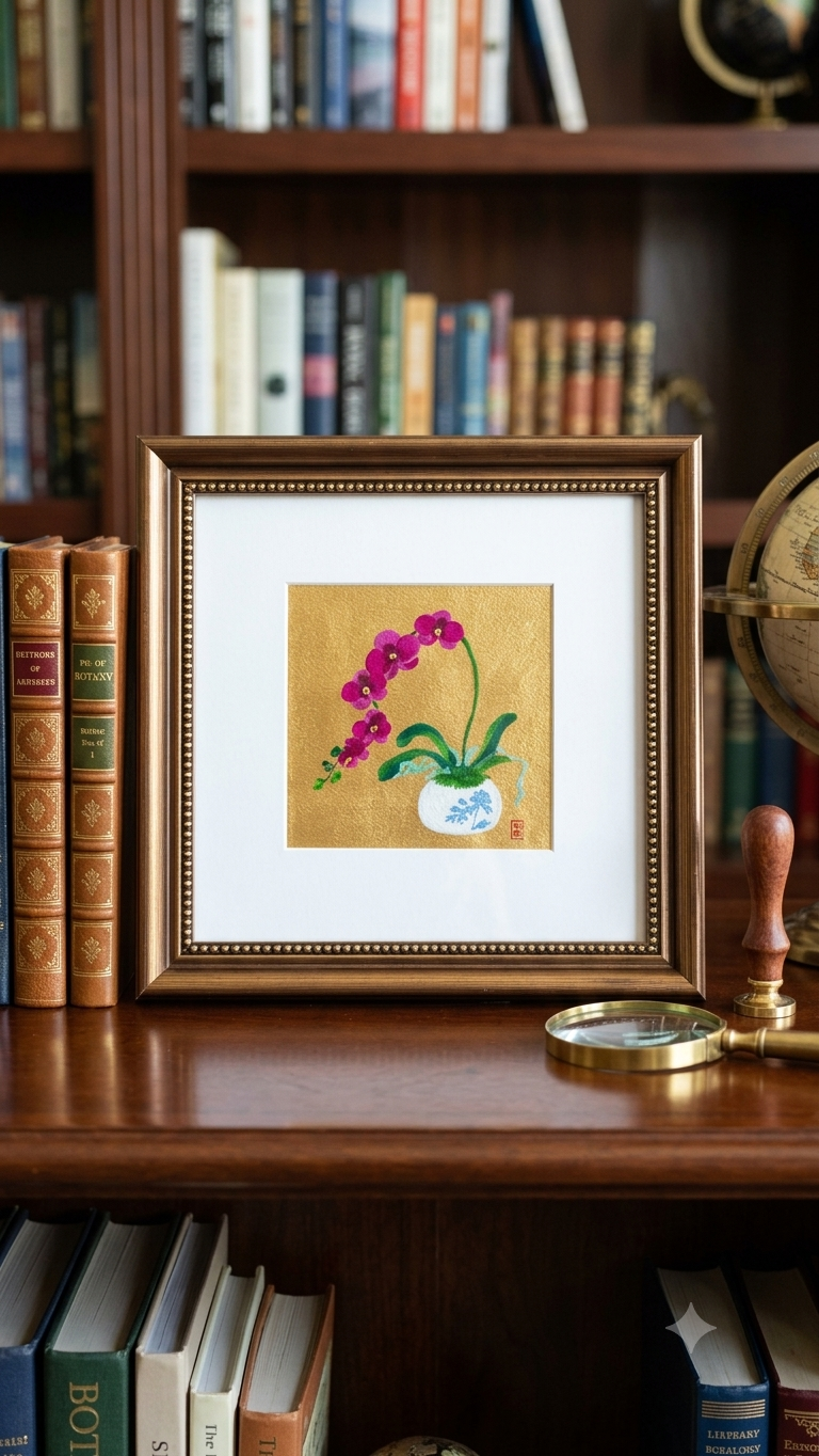 Gilded Orchid Painting with Beaded Frame