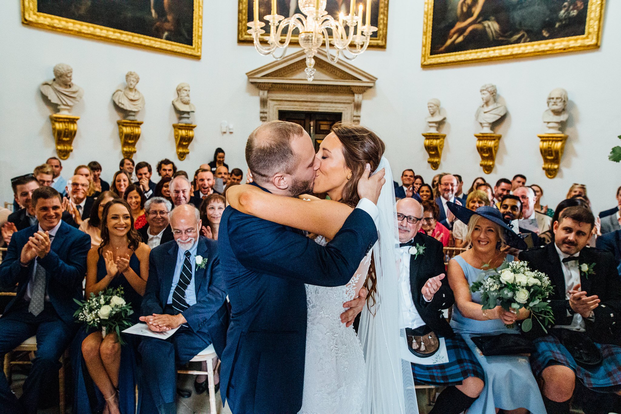  Bride and Groom kiss in front of all their guests at Chiswick House 