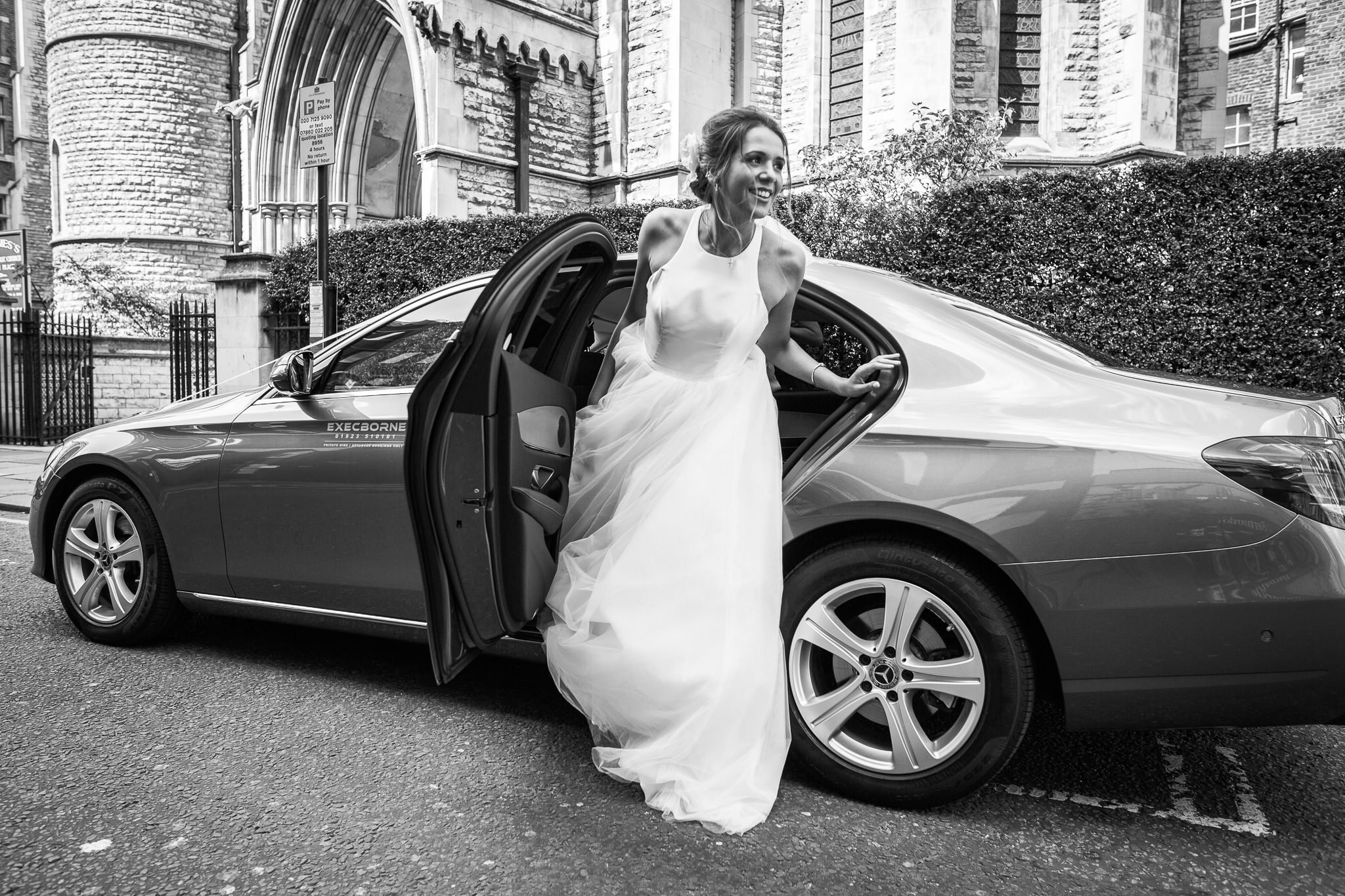  Bride arrives at St James Church, Spanish Place Marlyborne in her wedding car 