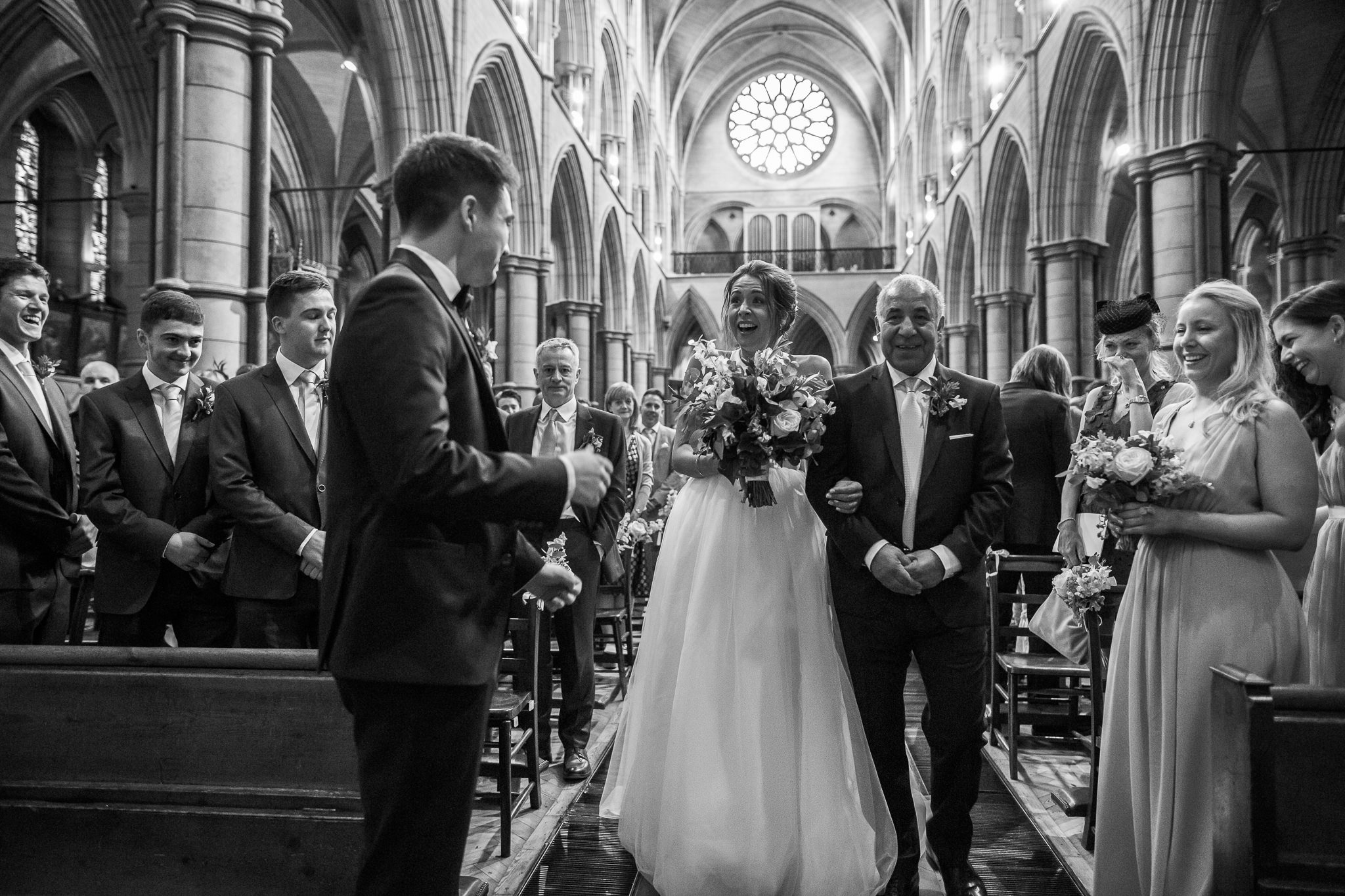 Bride has an emotional reaction to seeing the groom at St James Church, Spanish Place Marlyborne 