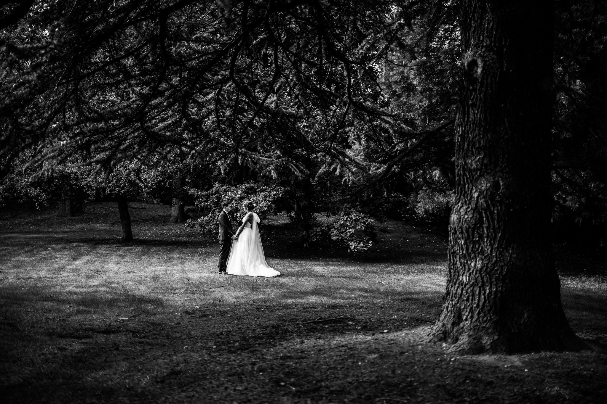  Bride and Groom in a wooded area at  Laura Ashley The Manor Elstree 
