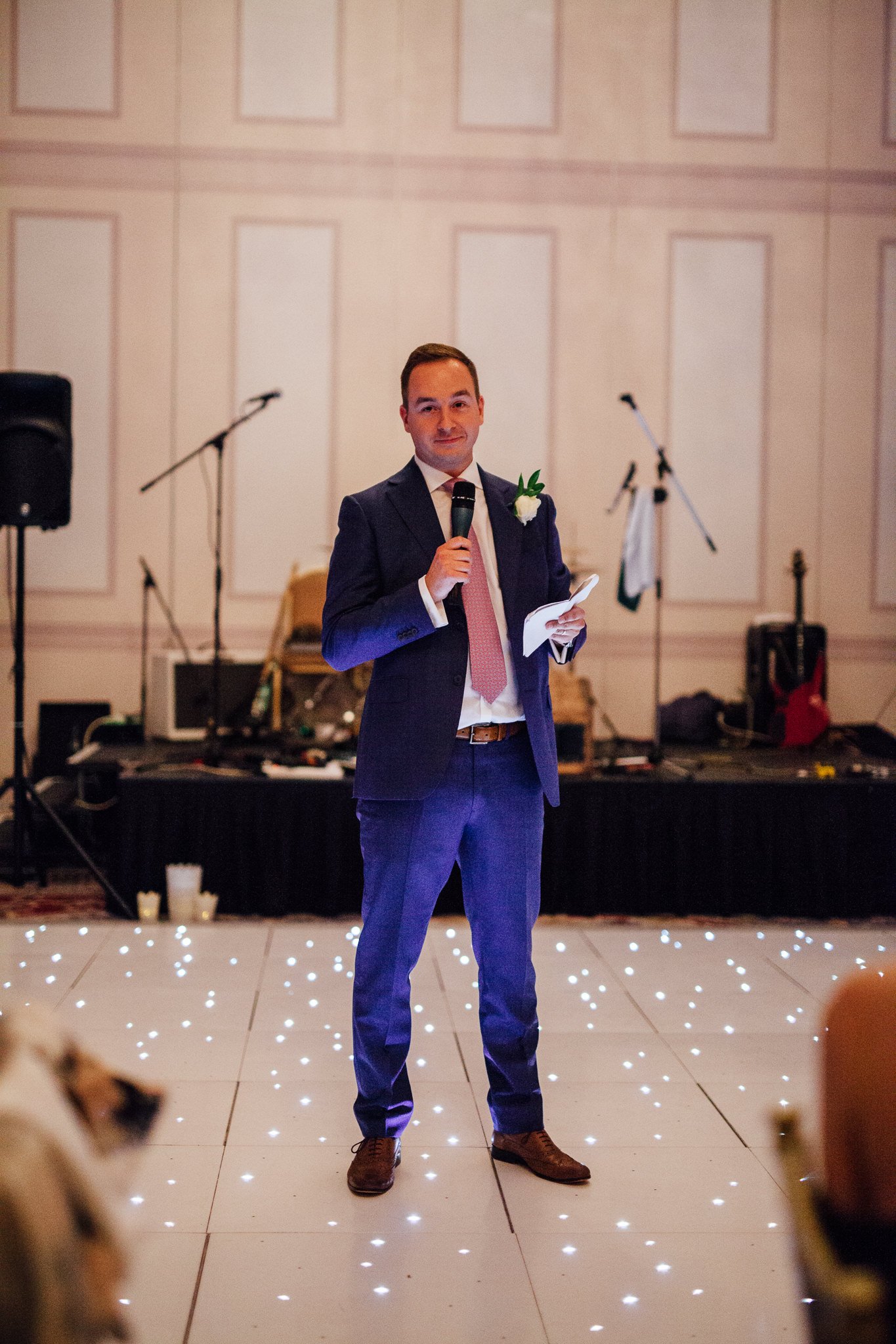  Best man gives his speech from the dance floor area at The Landmark London hotel 