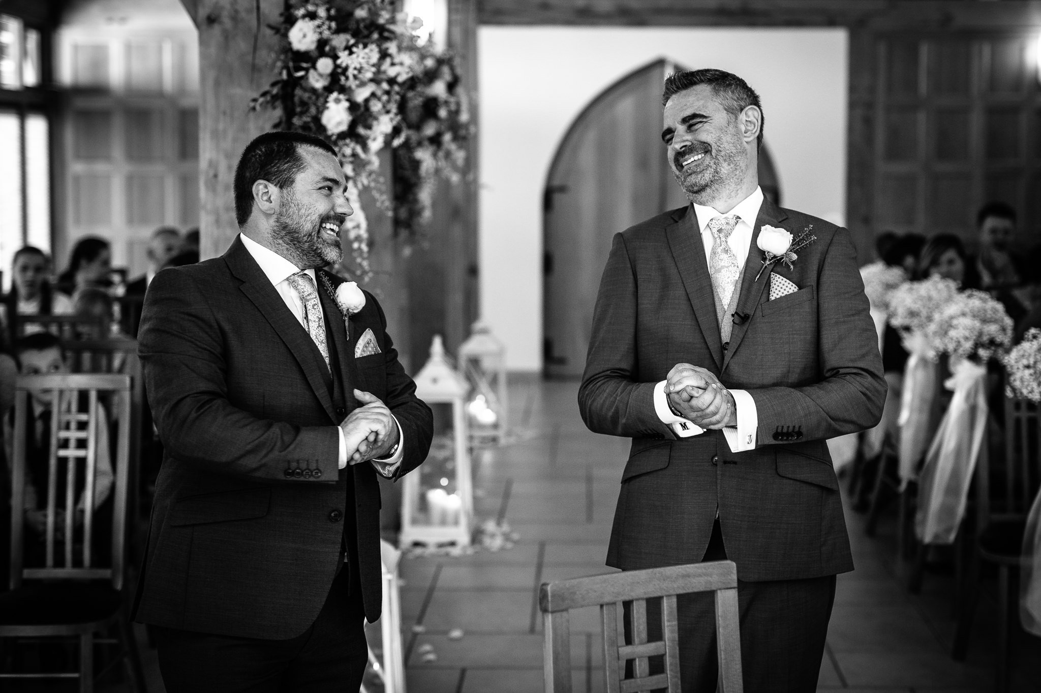  Groom and best man wait for the Bride at Rivervale Barn 