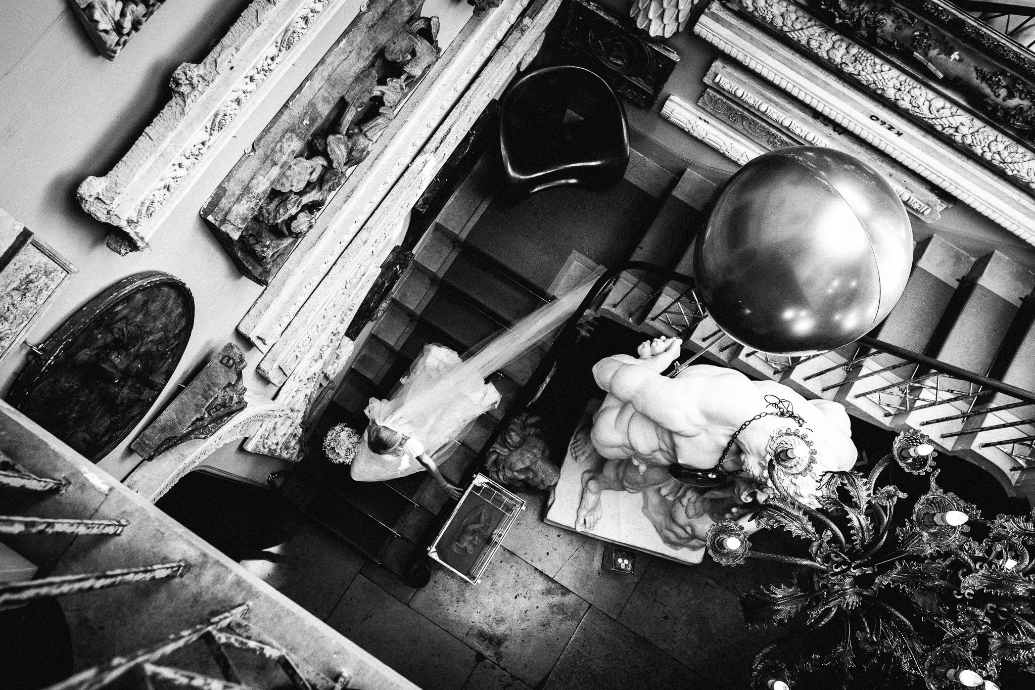  Bride as seen from above descending the stairs of Aynhoe Park 