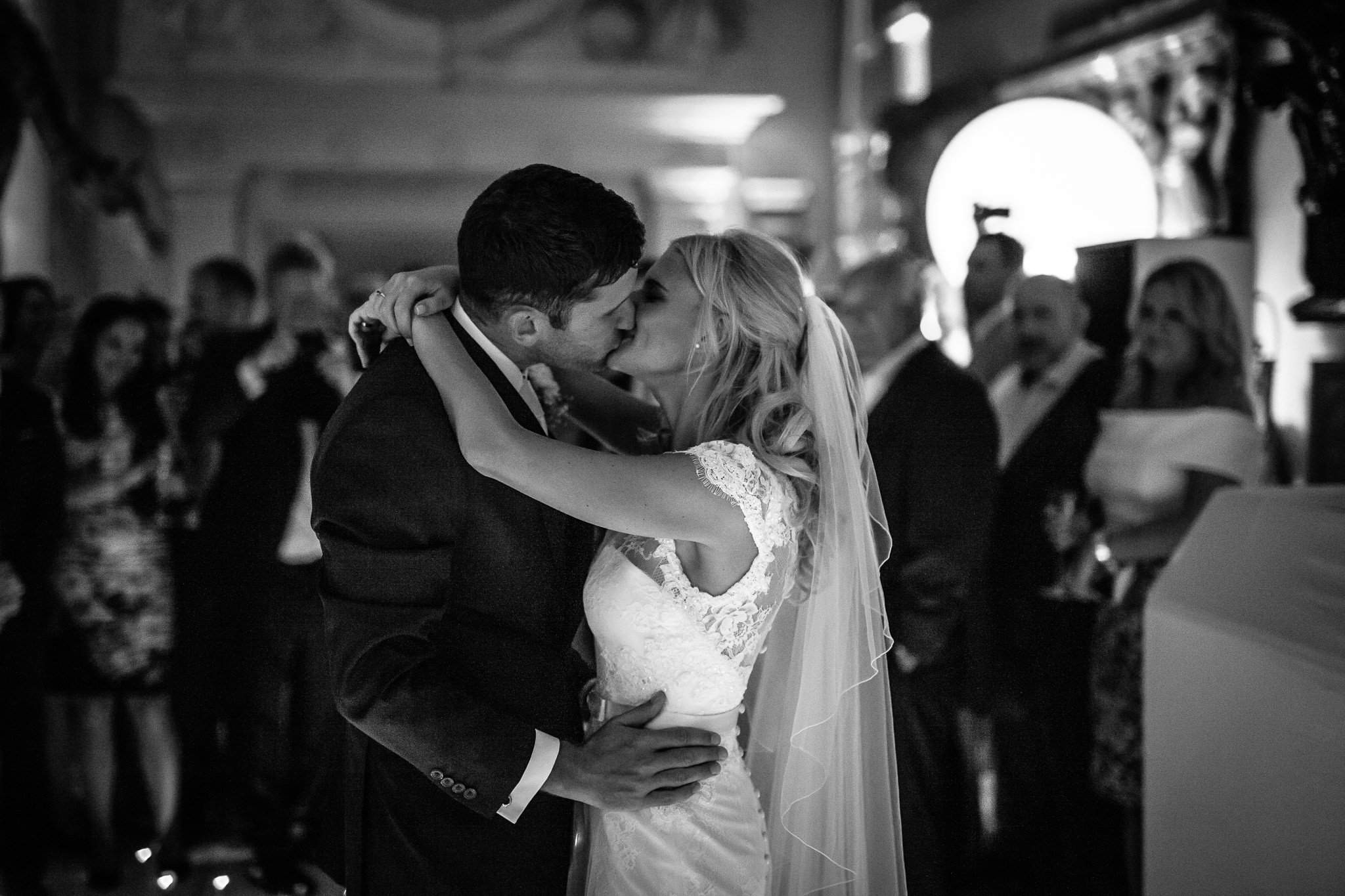  Bride and Groom kiss during their first dance at Aynhoe Park 