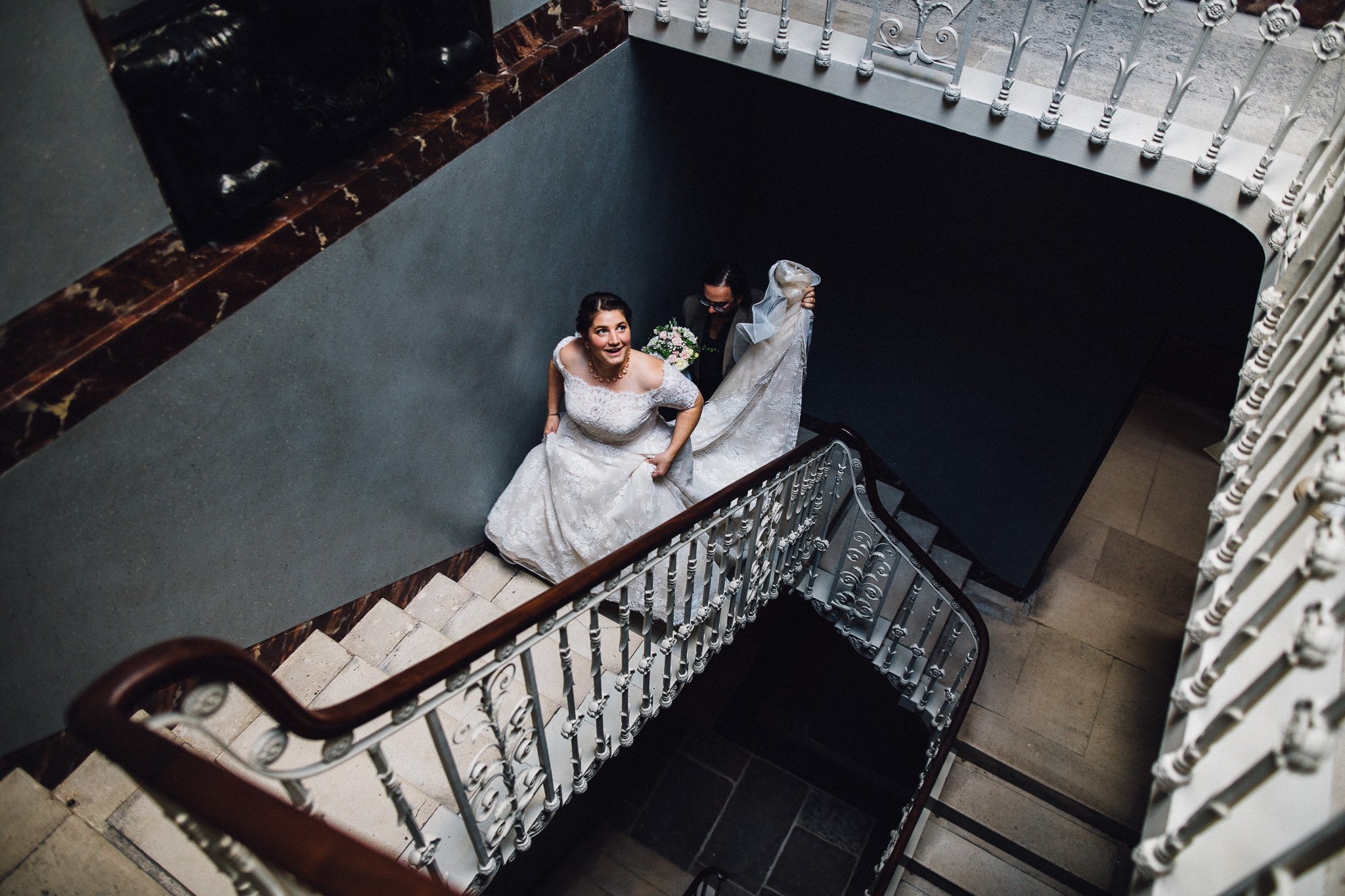  Bride walking up the stairs to the wedding ceremony at  Pitzhanger Manor 