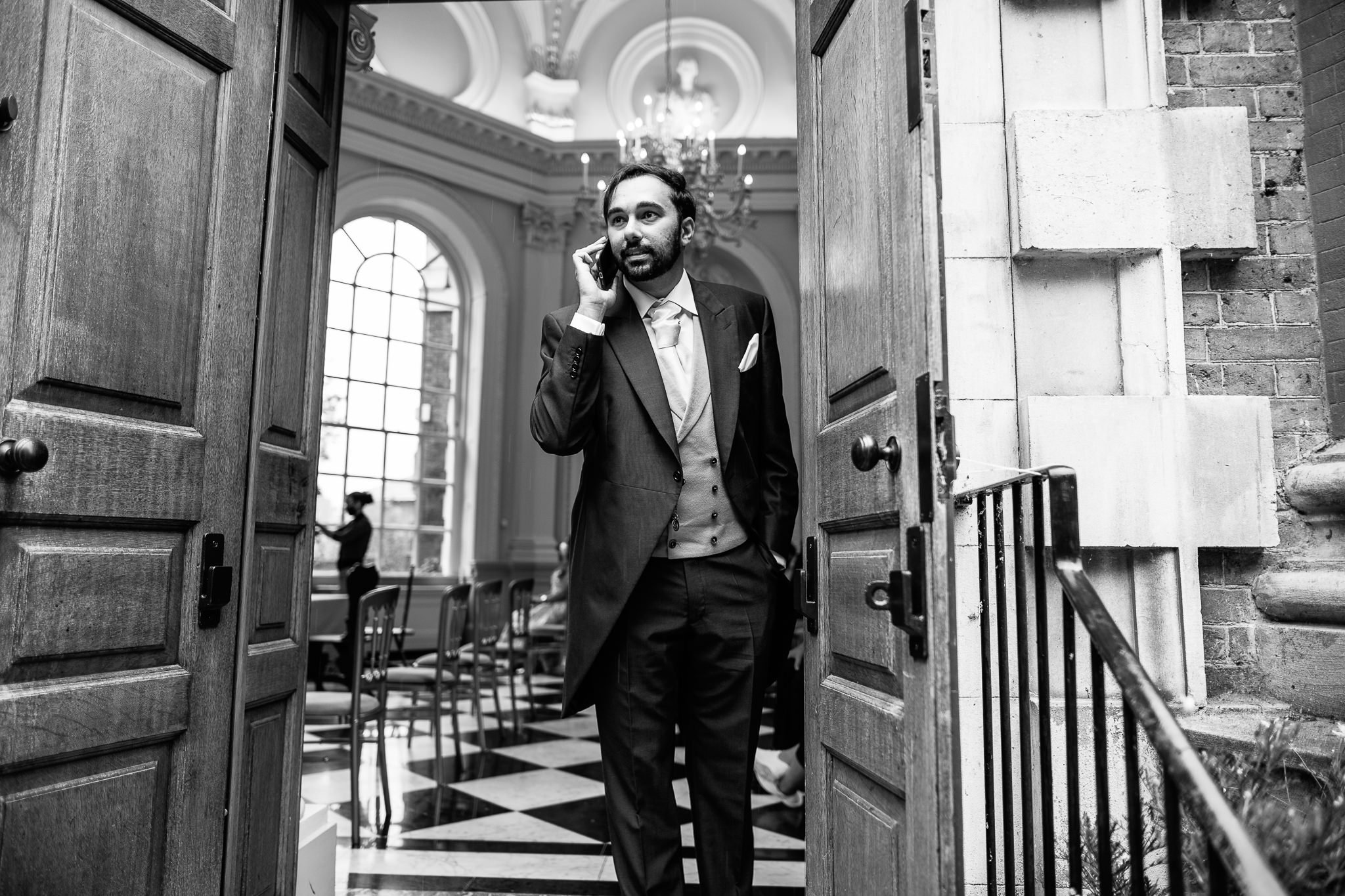  Groom on the phone awaiting the arrival of the Bride at  Orleans House Gallery 