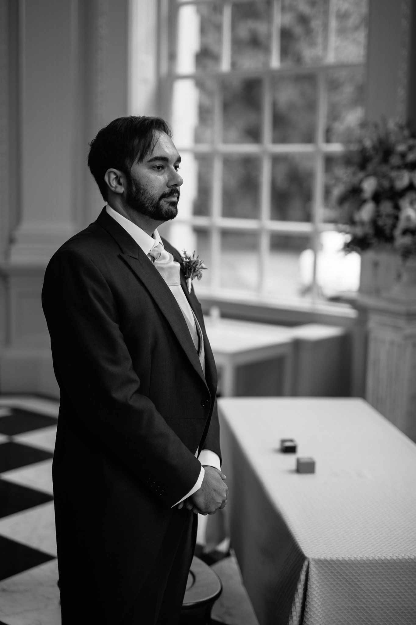  Groom nervously awaits the start of the ceremony in the Octogan Room at  Orleans House Gallery 