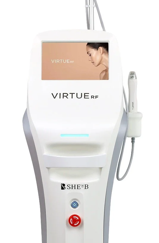 Medical RF microneedling device with a screen showing a woman’s profile and the brand name VIRTUE RF, along with a handpiece attached to the device for skin tightening, wrinkle improvement, and acne scars.