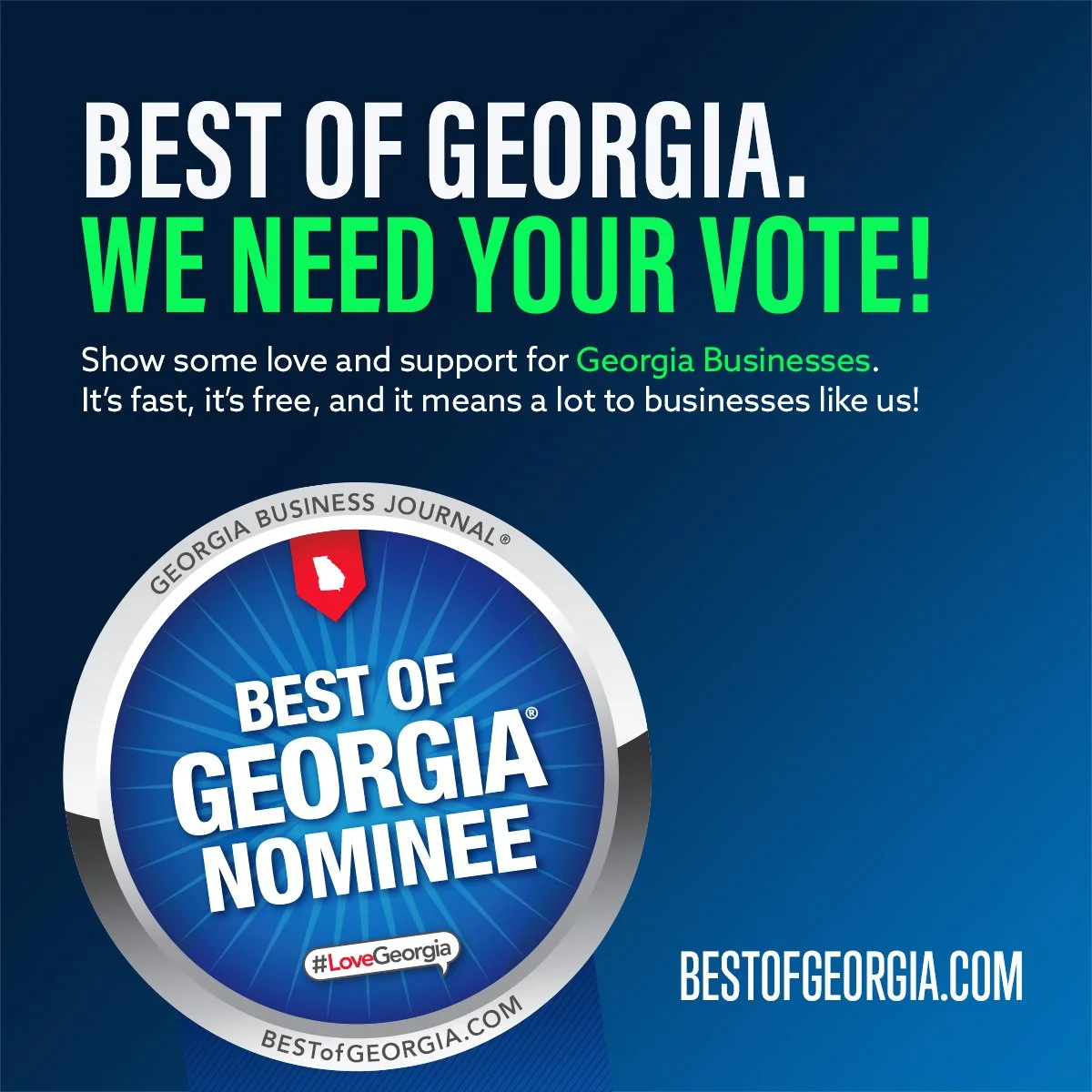 Everyone we need your help!! We have 6 days left before voting closes for Georgia's Best Businesses! 

If you've voted already, remember that you can vote once a day until the 31st!! 

❤️❤️❤️

Please vote for us at the below link, you will find us un