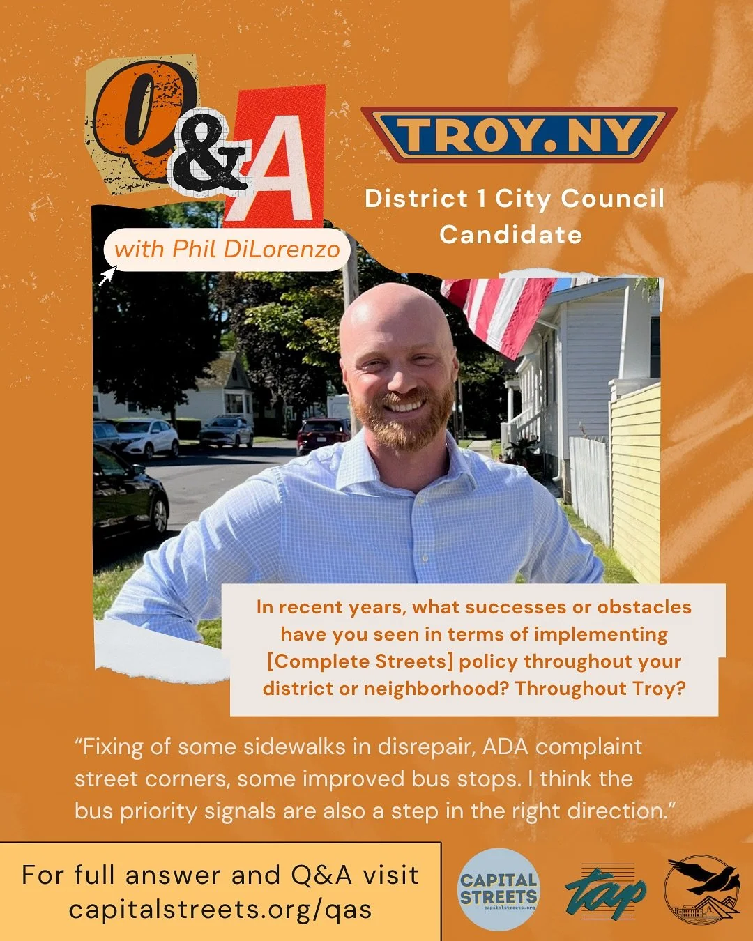 Capital Streets developed questions for Troy City Council candidates in collaboration with the Independent Living Center of the Hudson Valley (ILCHV) and TAP (@tap_inc).
This questionnaire is intended to help inform Trojans on how candidates* f
