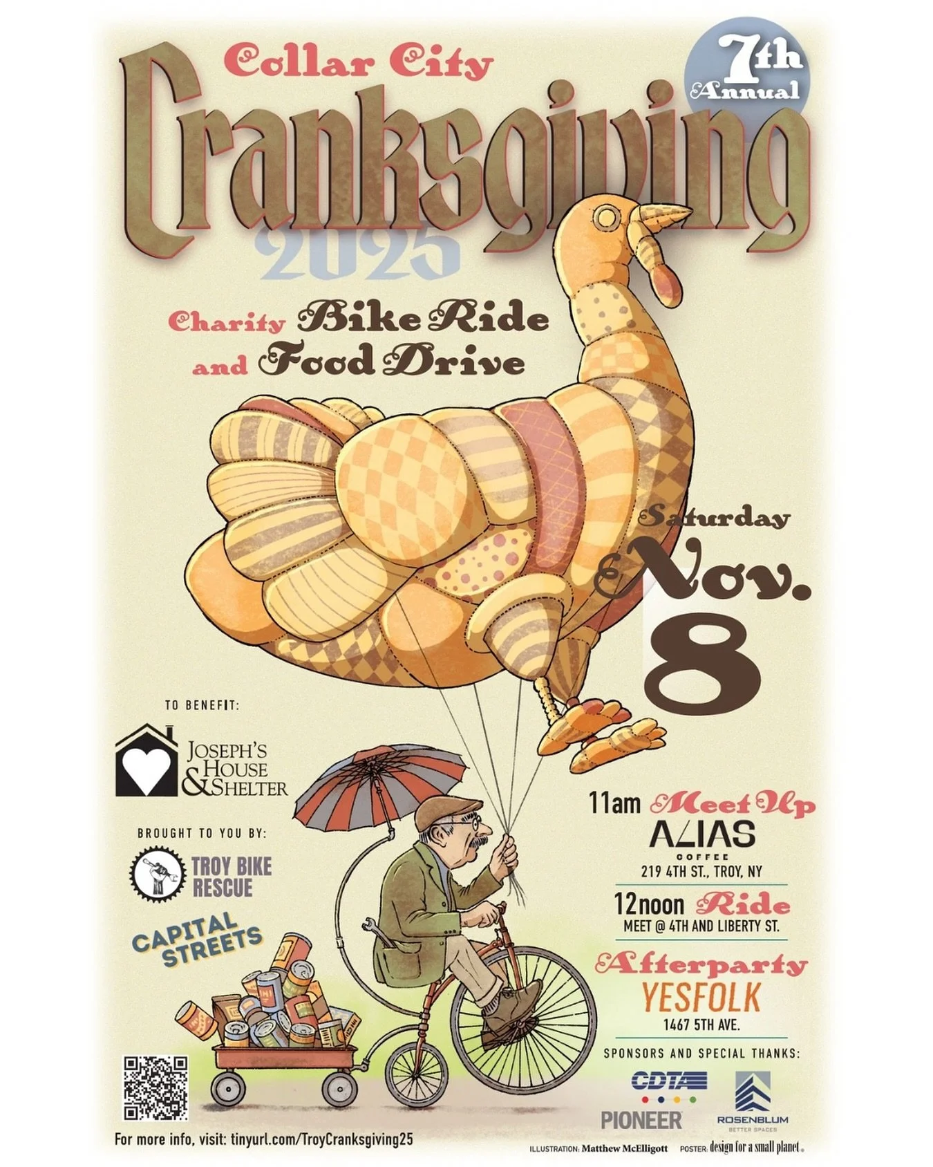 It’s that time of year again! Collar City Cranksgiving charity bike ride & food drive will take place this year on Saturday, November 8th 🦃🥫🚲
We’ll meet up at 11 AM at @aliascoffeeny for coffee ☕️ & then rally around the @ride