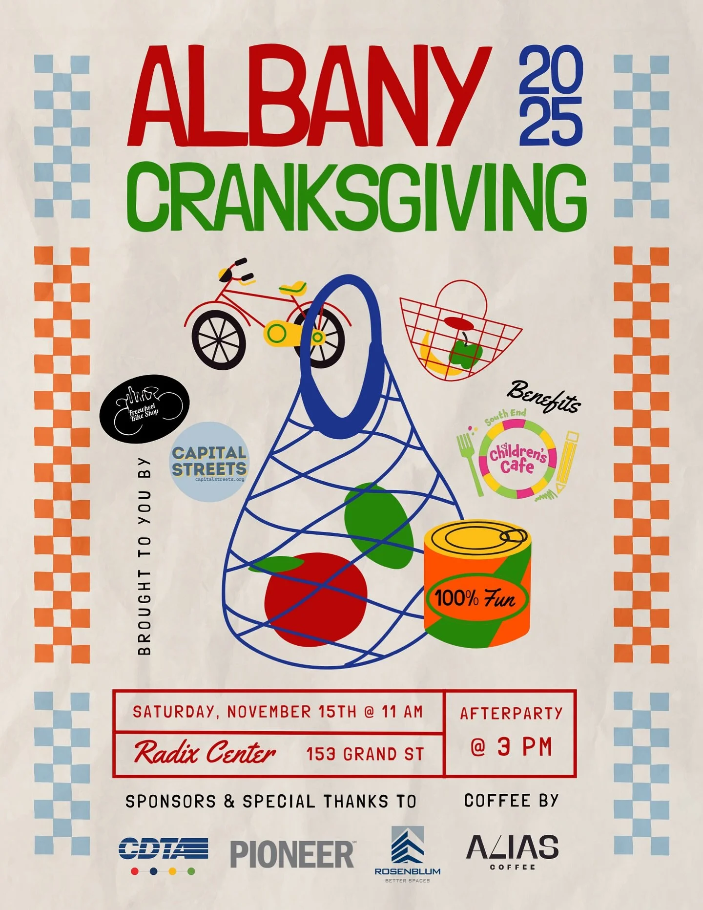 Canned beans, greens, potatoes, tomatoes… you name it! All could be on the 2025 Albany Cranksgiving shop list. Come on out Saturday, November 15th to @radixcenter to find out.
It’s a bike race. It’s a food drive. It’s a scav