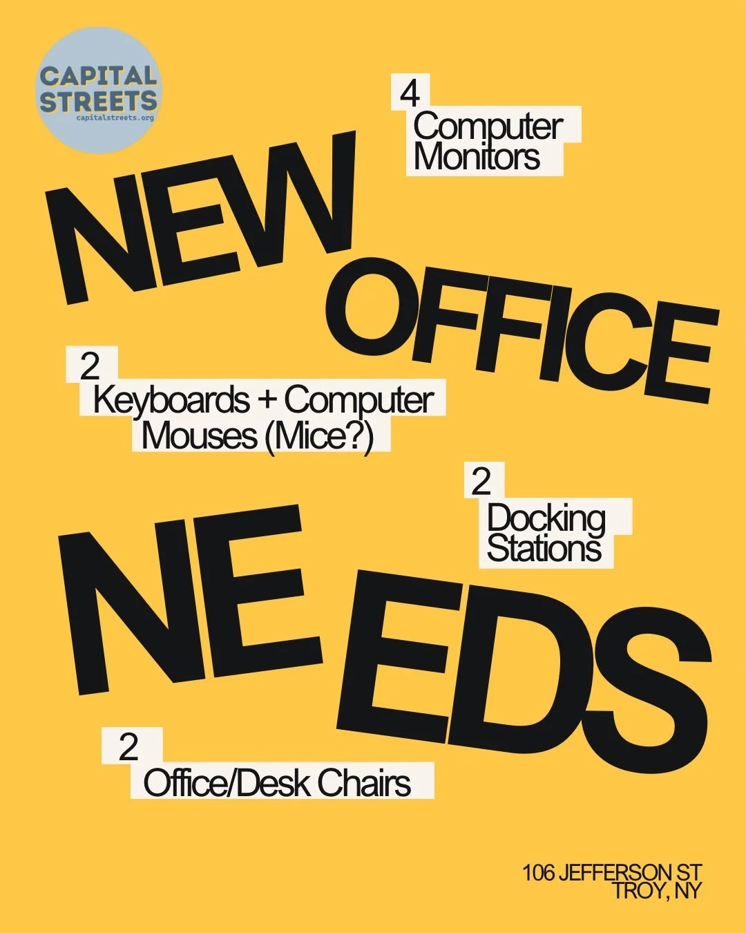 We&rsquo;re officially residents of 106 Jefferson St in Troy!

Building owned and operated by our pals @funstuffdesign 

We could use a few things as we get settled into our new space, so we figured we&rsquo;d call on our community for secondhand stu