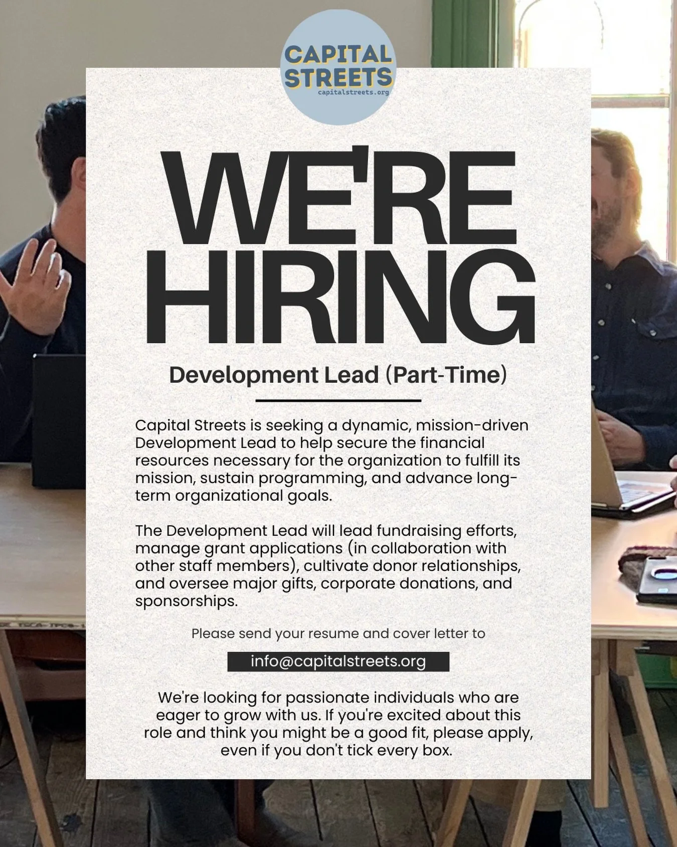 WE&rsquo;RE HIRING! 🤸  Capital Streets is seeking a dynamic, mission-driven Development Lead to help secure the financial resources necessary for the organization to fulfill its mission, sustain programming, and advance long-term organizational goal