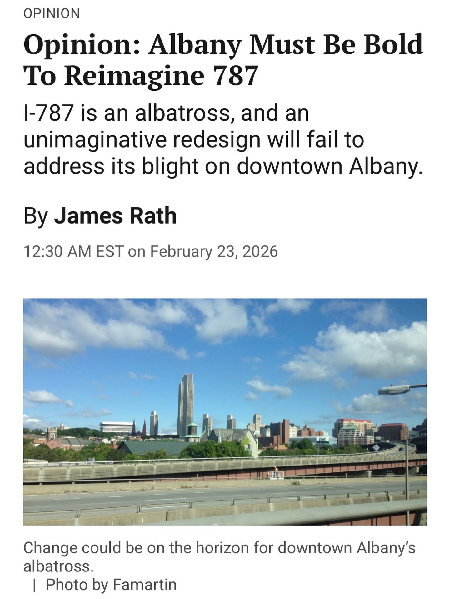 Albany is at a pivotal moment, and the city and the state can&rsquo;t risk letting the past define the future. 

Building off efforts to repair cities like Rochester, Buffalo and Syracuse, New York is exploring the future of I-787, the overbuilt high