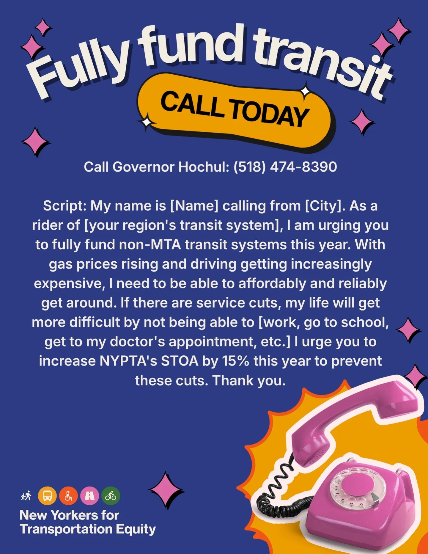 We&rsquo;re calling Governor Hochul&rsquo;s office today ☎️ 

With the state budget deadline fast approaching, we need to turn up the pressure for for fully funding fast, frequent transit&mdash; and that means going straight to the top.

Calling the 