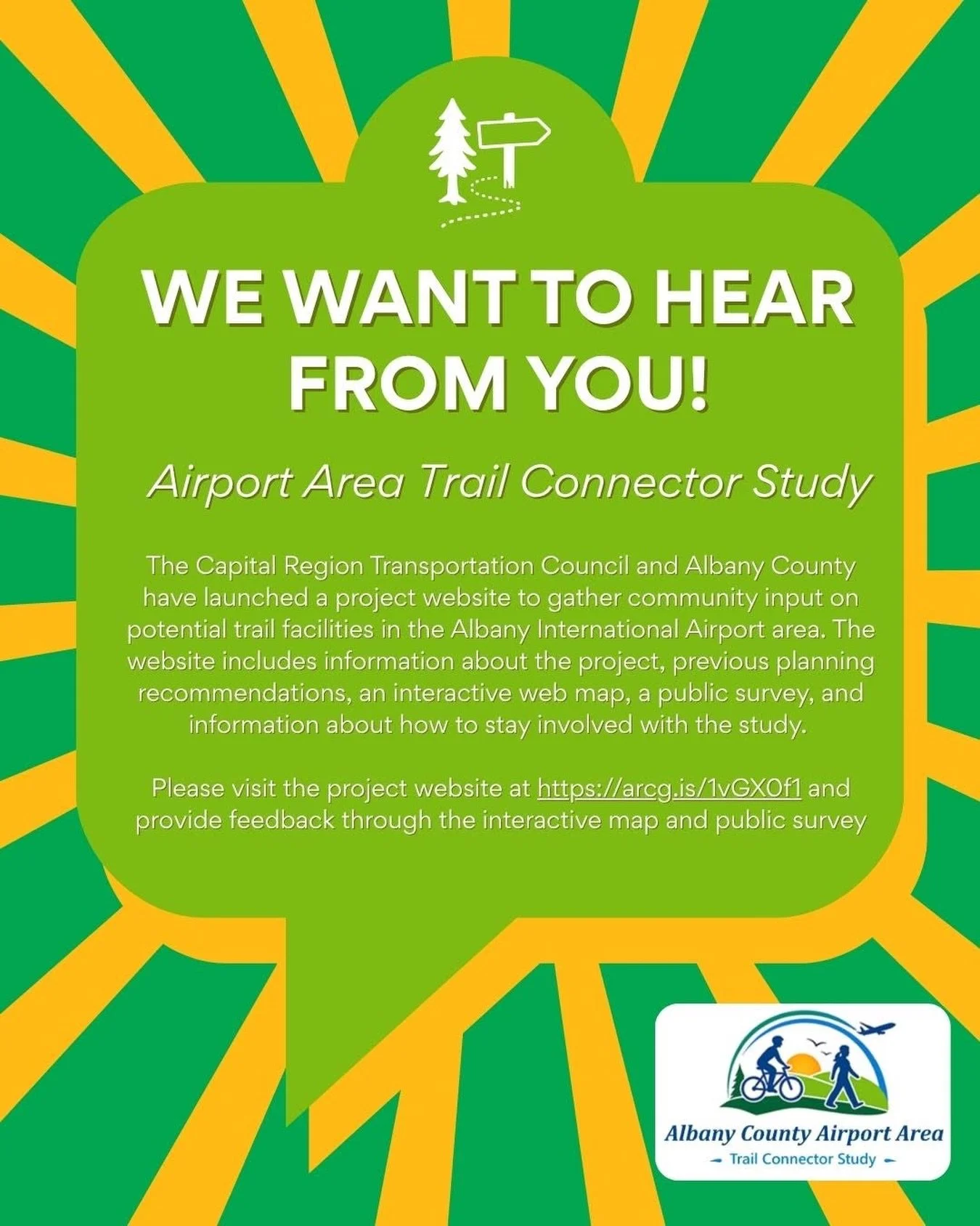 CRTC WANTS TO HEAR FROM YOU!  The Capital Region Transportation Council (@capitalmpo) and Albany County have begun an Albany County Airport Area Trail Connector Study.  The Albany County Airport Area Trail Connector Study aims to develop concepts for