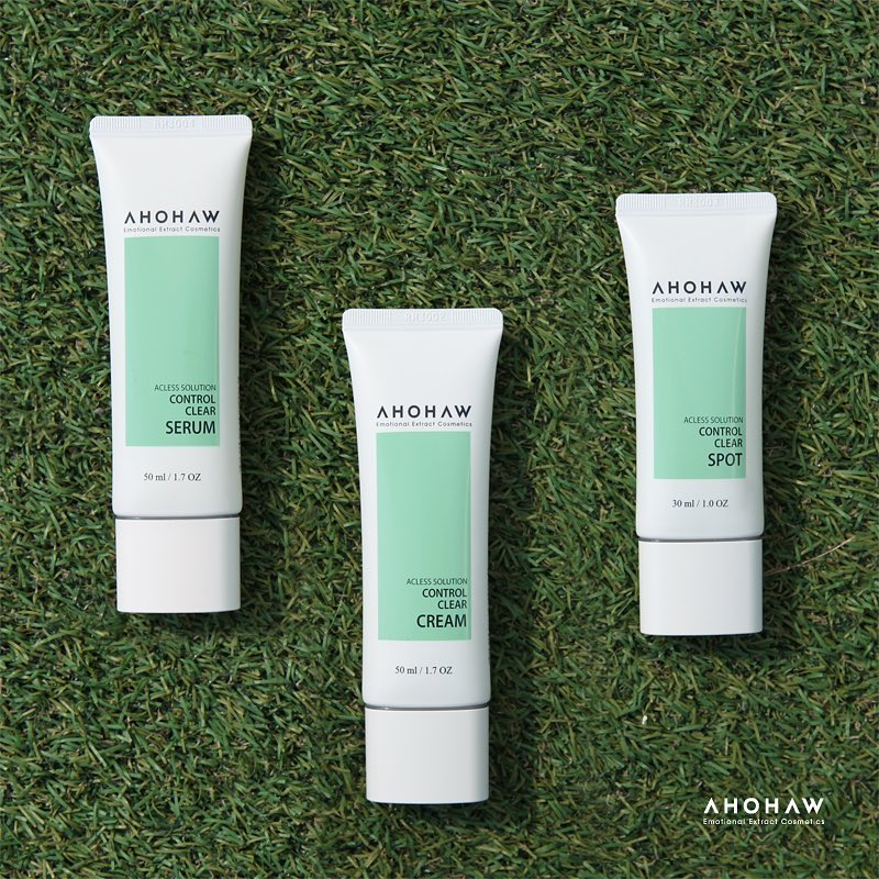 Ahohaw Control clear skincare lineup featuring the spot treatment, serum, and cream