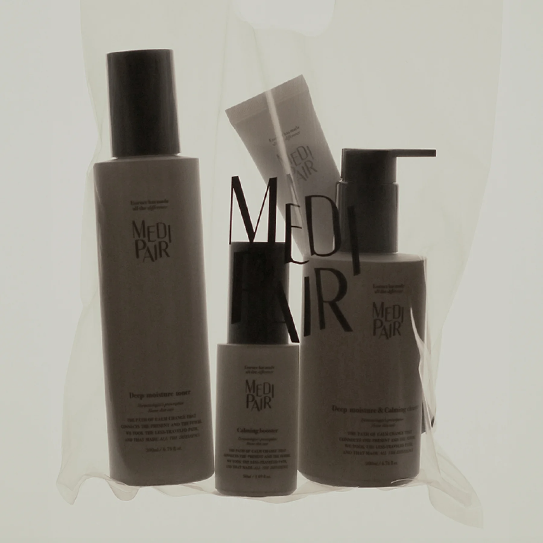 Four Medipair Deep Moisture and Calming Cleansers packaged inside a bag for K-beauty skincare aftercare.
