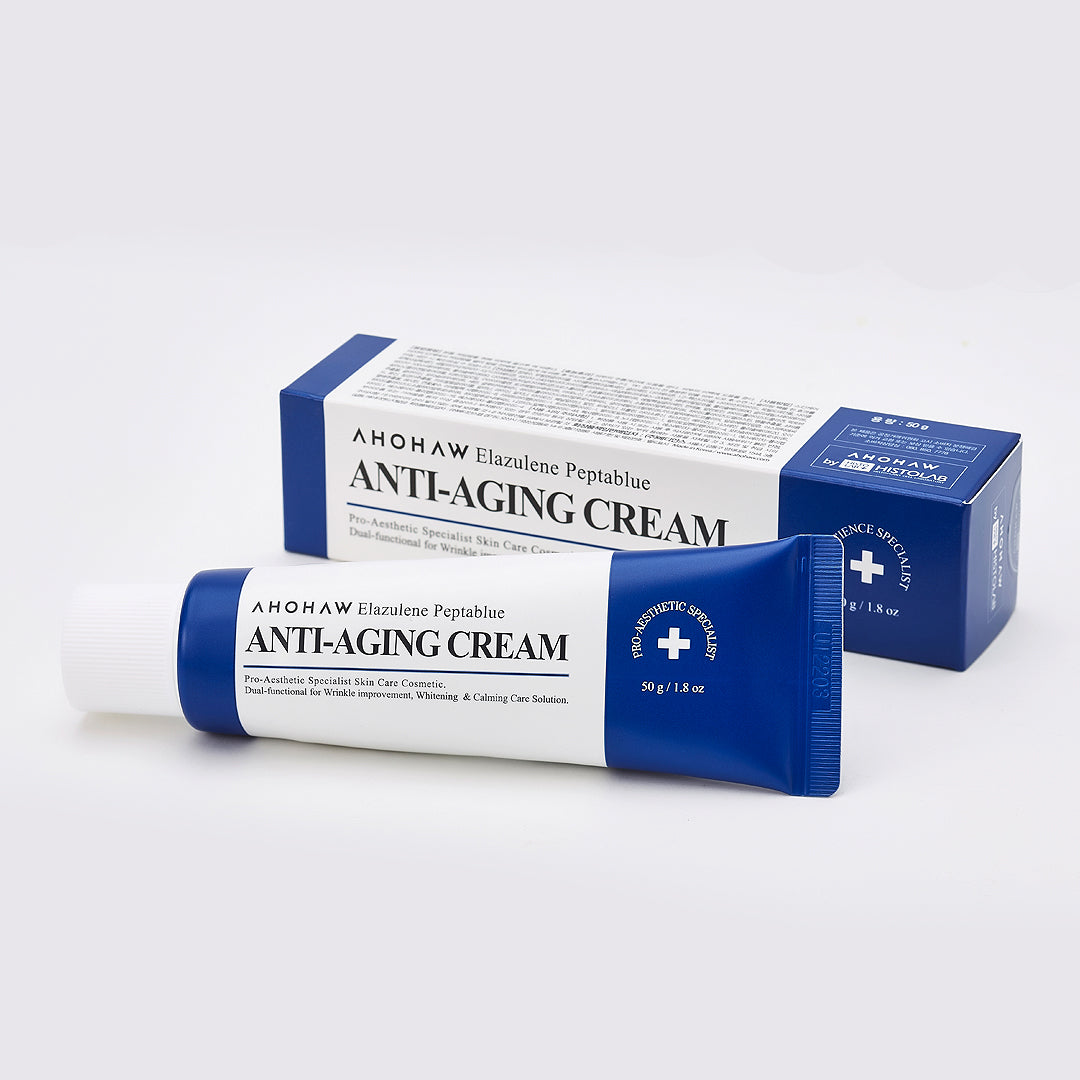 Ahohaw Elazulene Peptablue Moisturizer jar next to its original skincare product box