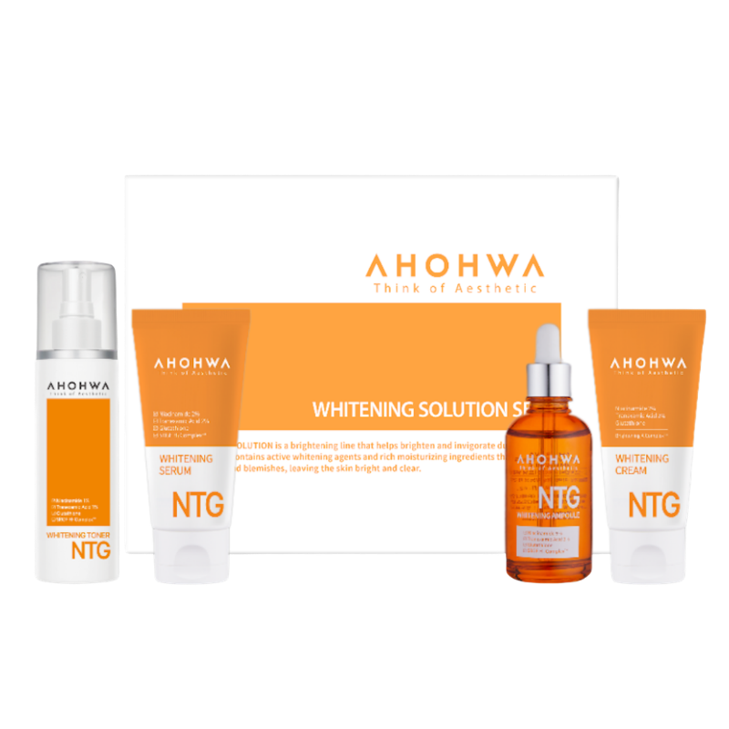 Ahohaw NTG Whitening 4-piece skincare set with toner mist, serum tube, ampoule, and cream for dark spot fading and brightening