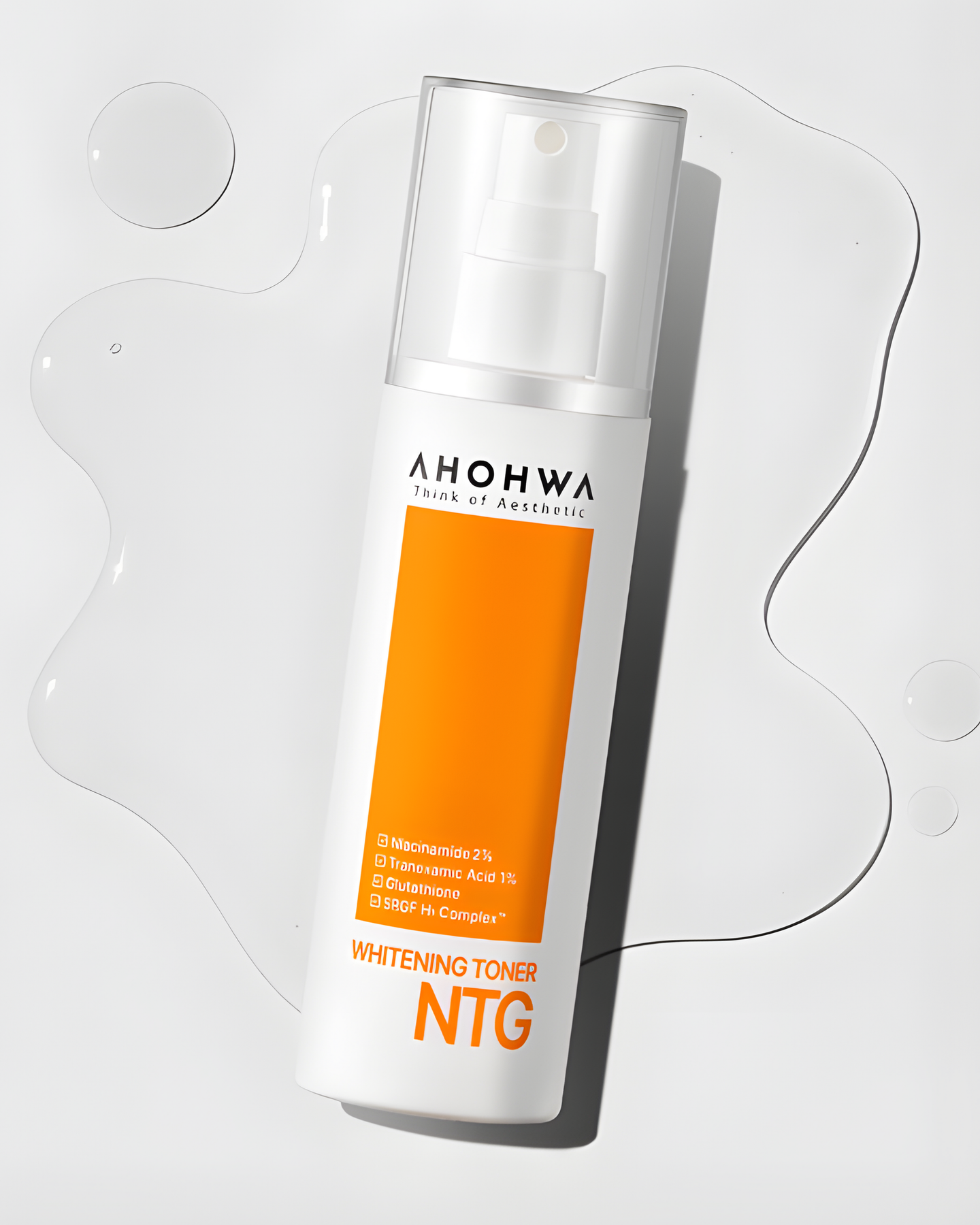 Ahohaw NTG Whitening Toner Mist bottle set against a hydrating liquid splash background