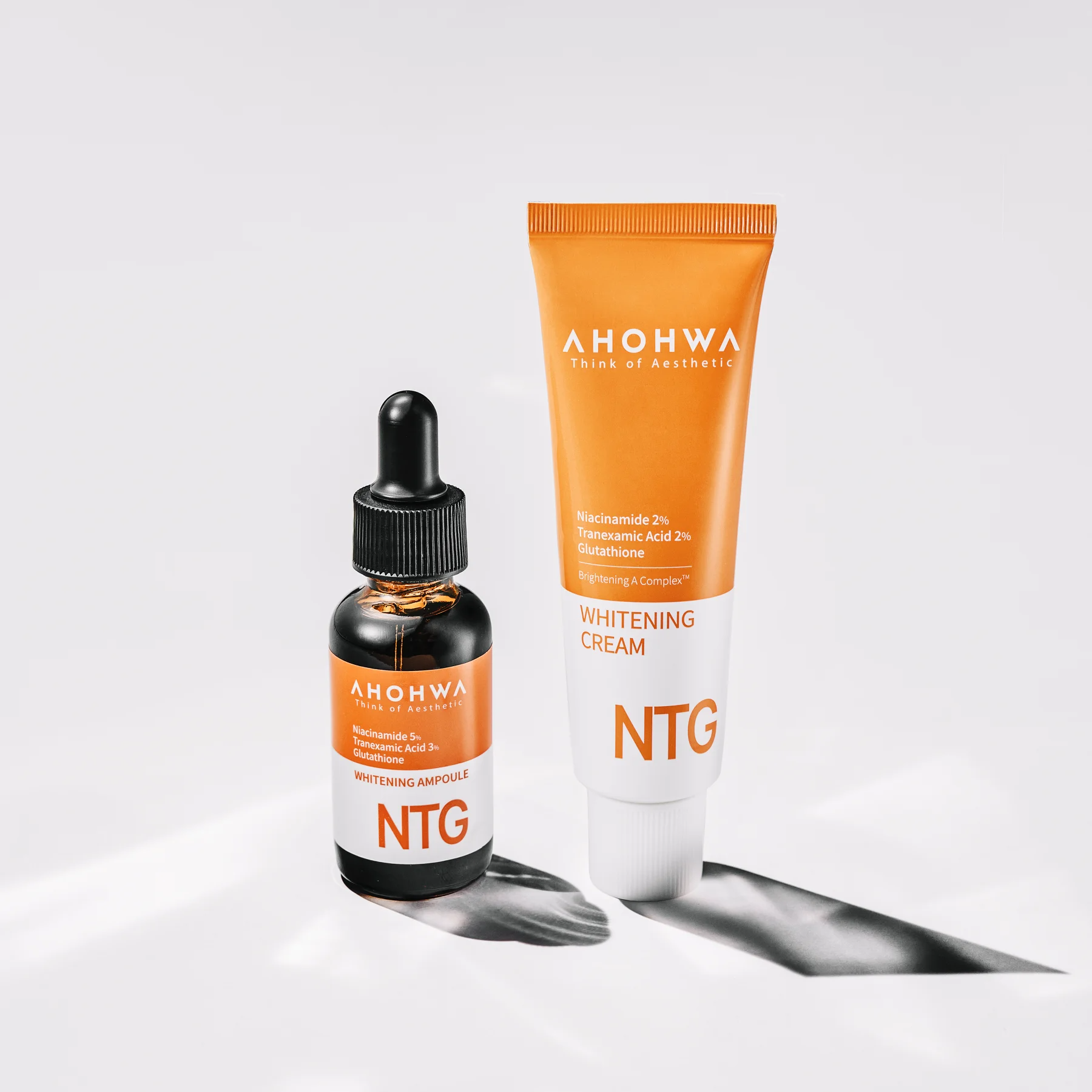 Ahohwa NTG Whitening Serum and Cream duo designed for glutathione skin brightening and hyperpigmentation.