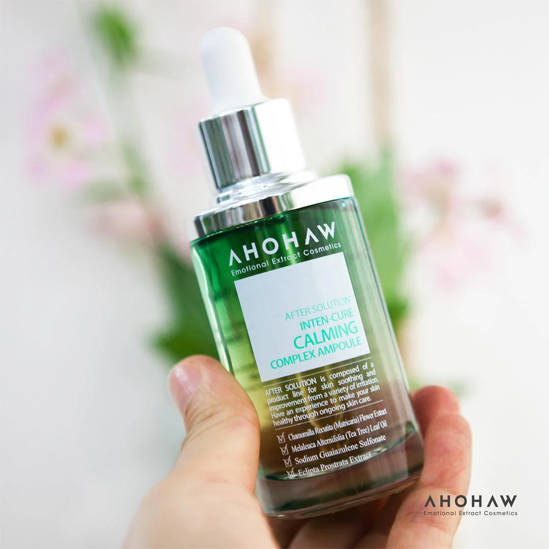 Dropper dispensing soothing blue Ahohaw Inten-Cure Calming Complex Ampoule liquid