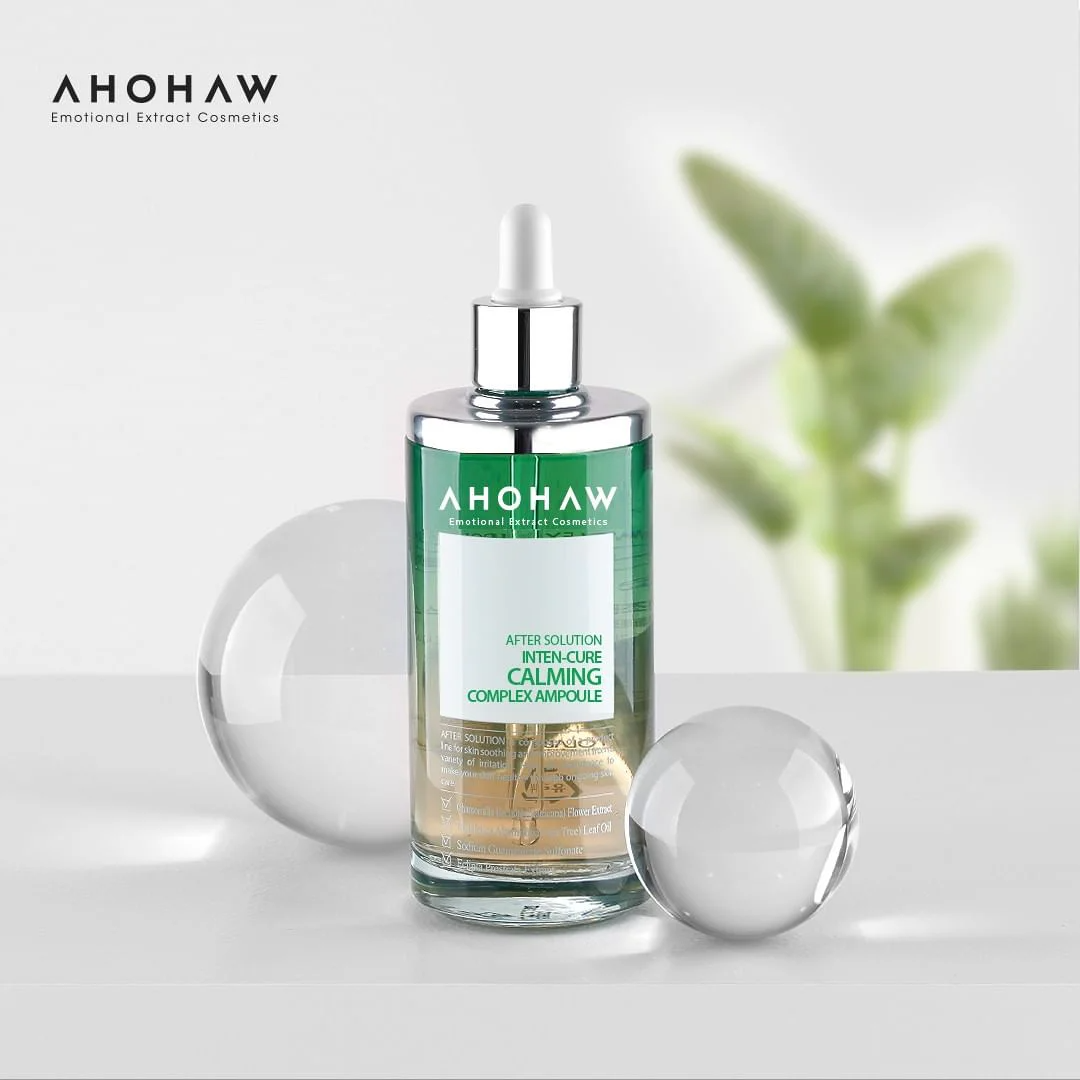 Ahohaw Inten-Cure Calming Complex Ampoule bottle standing next to its original packaging box