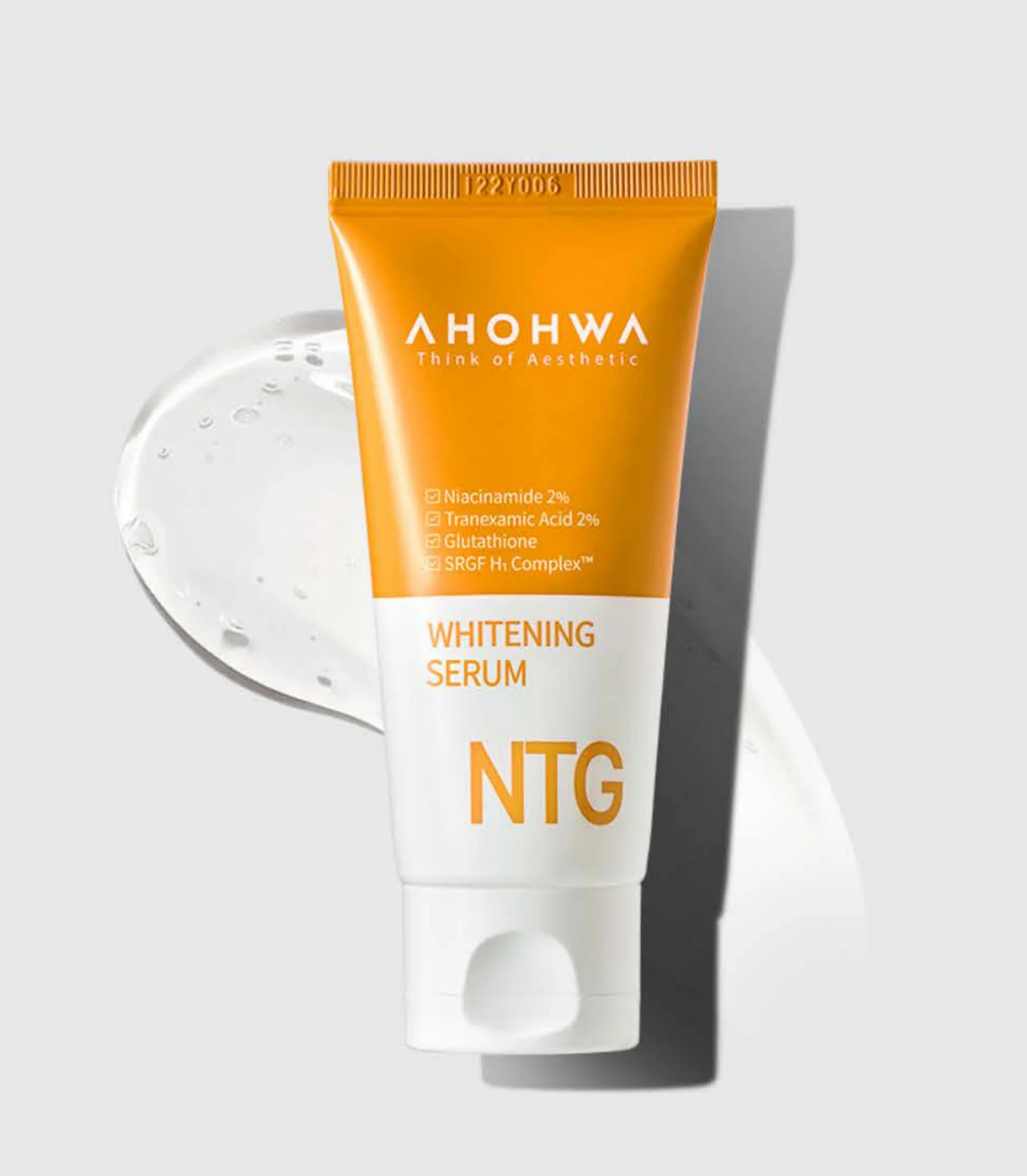 Close-up of Ahohaw NTG Whitening Serum formula squeezed from tube with Tranexamic Acid and Glutathione