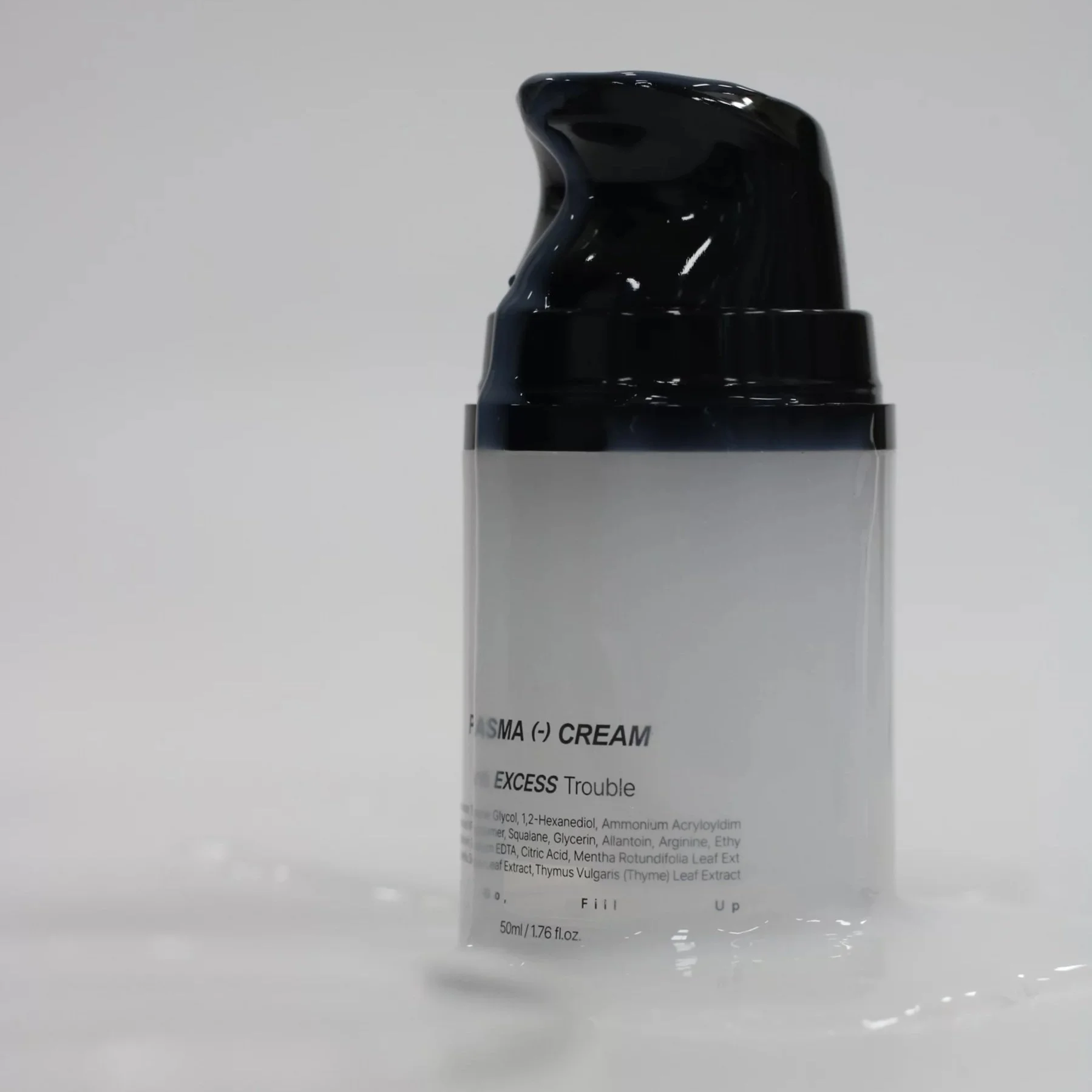Medipair's Plasma Cream bottle sitting in a puddle of itself and showing it's milky gel texture