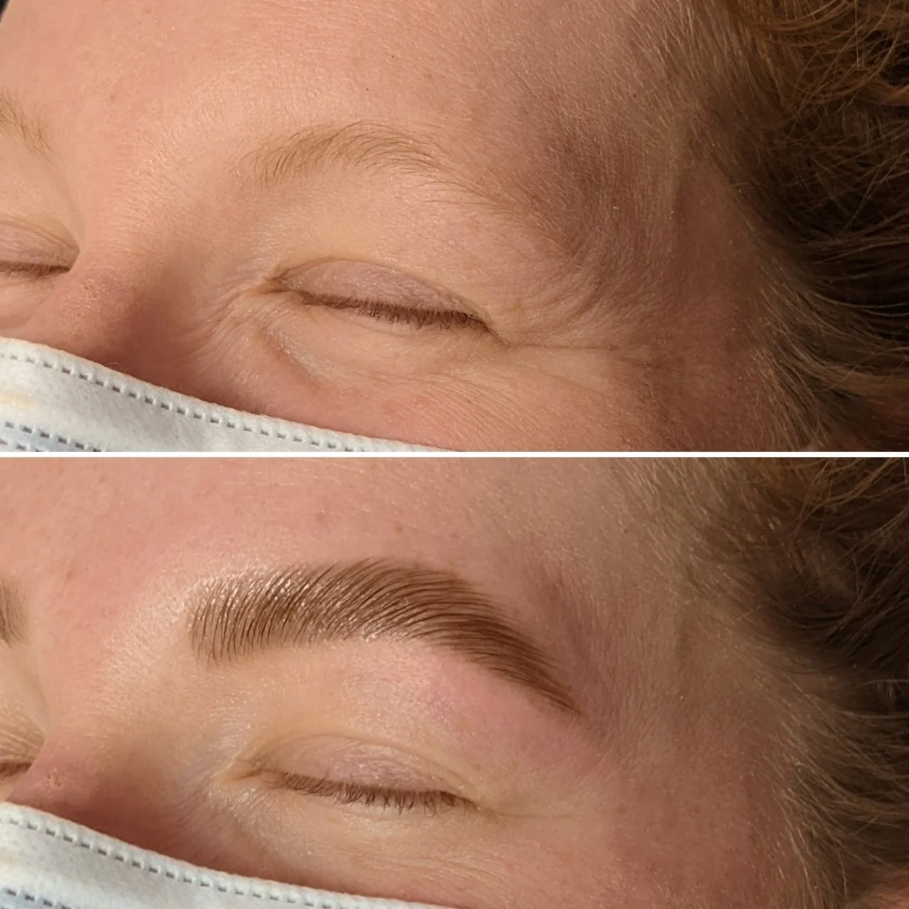Before and after brow lamination transformation showing unruly, sparse eyebrows shaped into full, brushed-up arches.