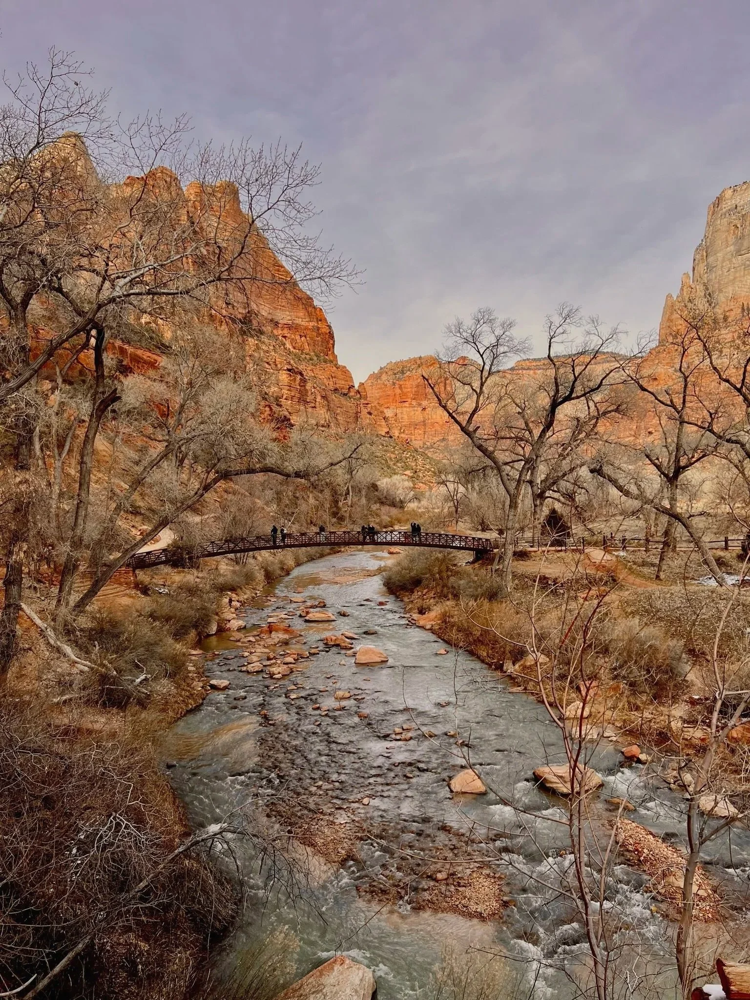 A river flowing through a canyon with red rock cliffs and leafless trees, a footbridge crossing the river, and a few people walking on the trail in the distance.