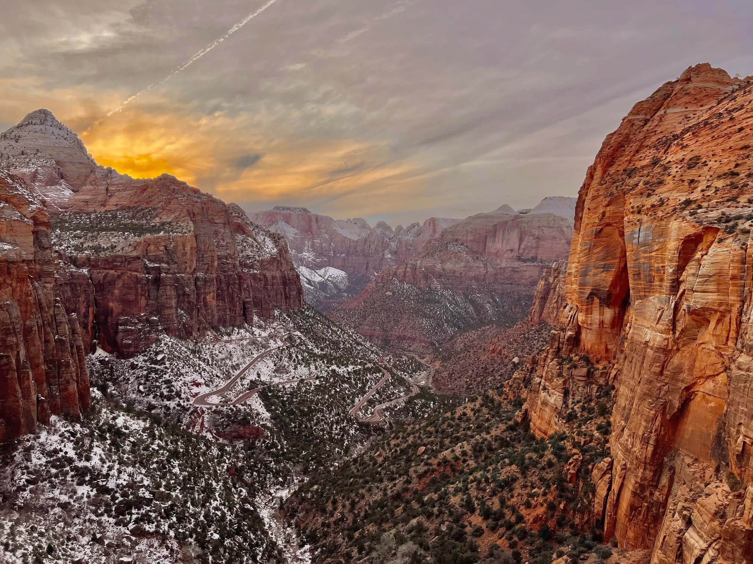 Zion National Park with snow covered ground - panoramic view