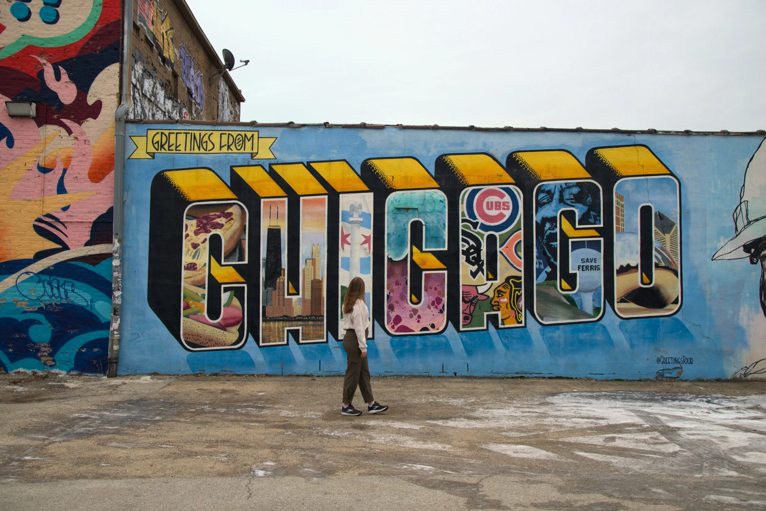 The Greetings from Chicago mural in Wicker Park, Chicago in winter