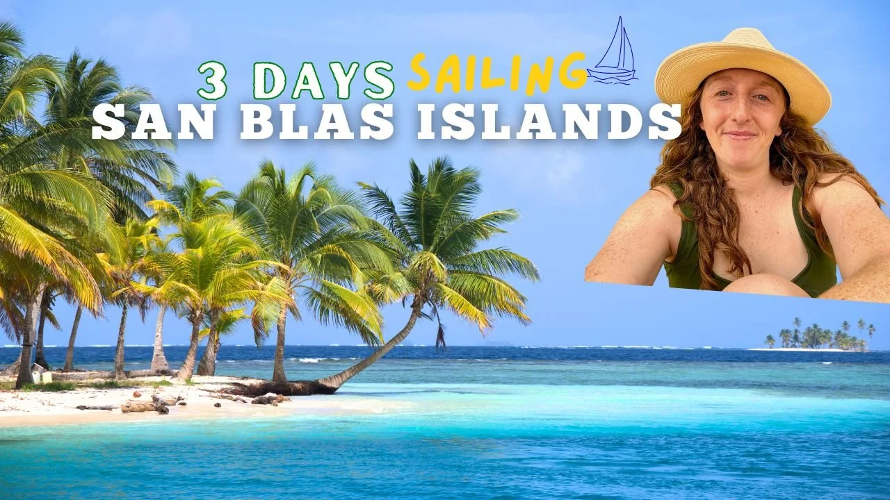 Beach scene with palm trees, ocean, and blue sky, along with a woman wearing a hat smiling, and text promoting a 3-day sailing trip on San Blas Islands.