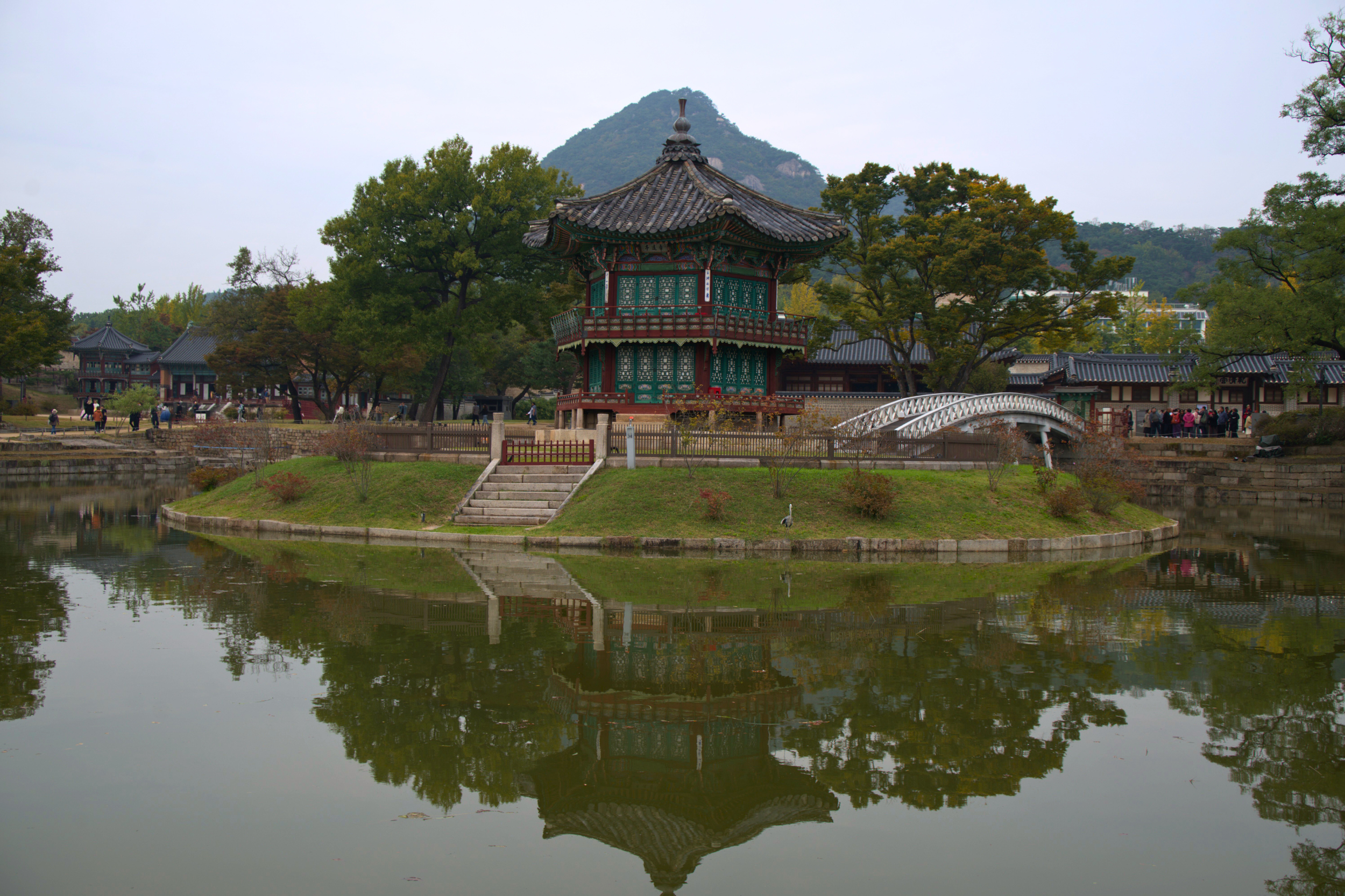 Gyeongbokgung Palace traditional Korean garden with colorful painted details in Seoul