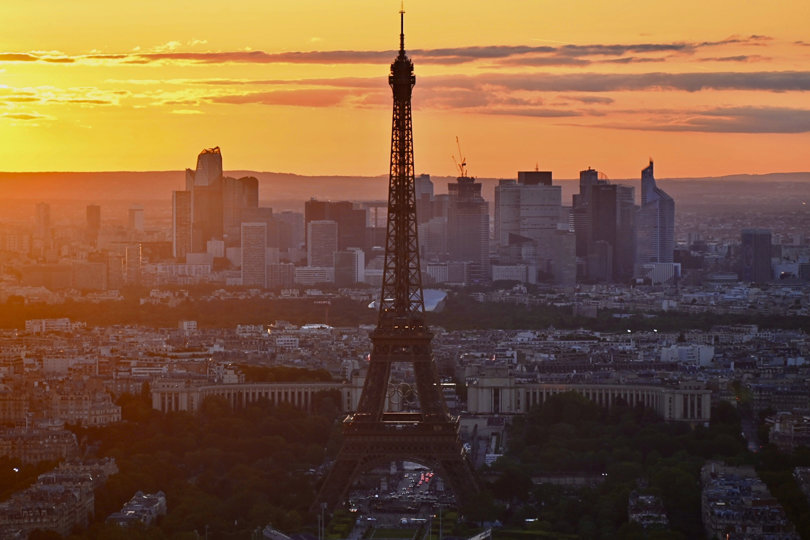 Paris, France Eiffel Tower at sunset aerial view
