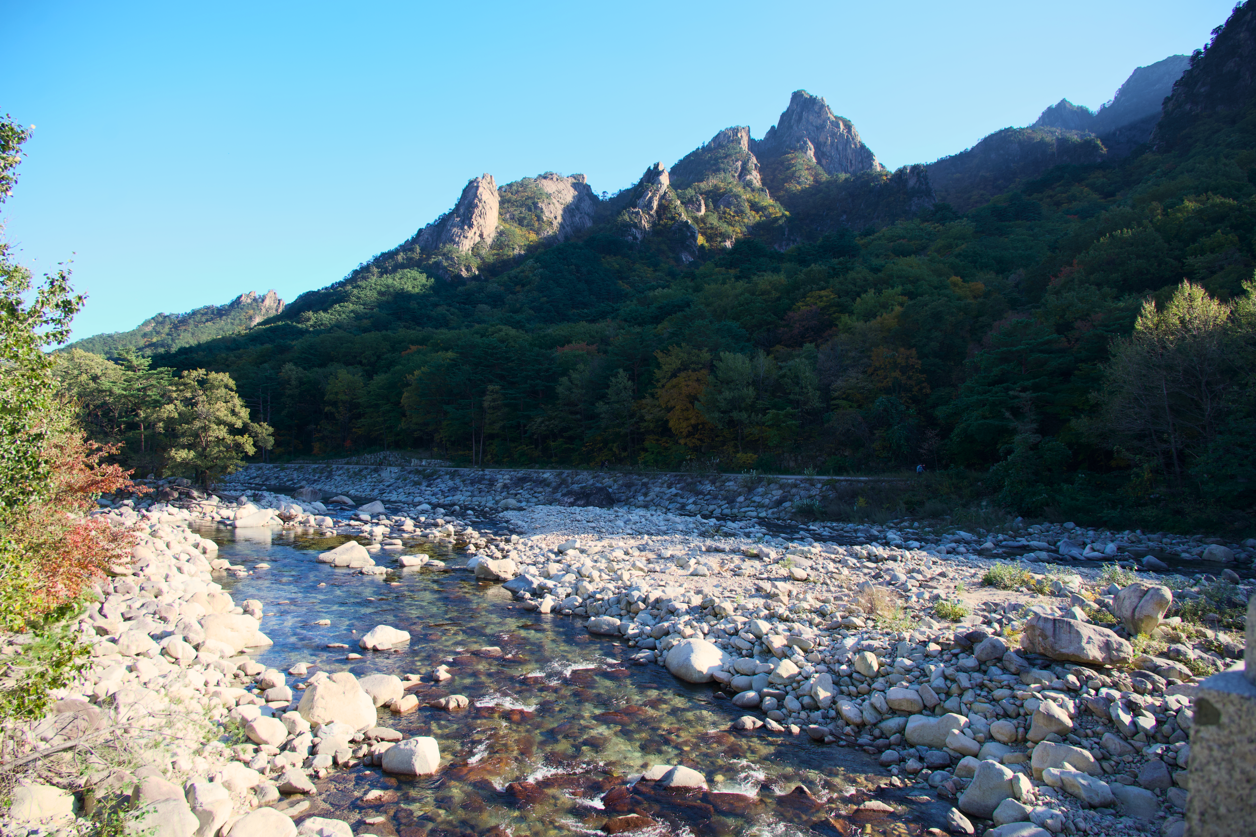 A mountain landscape with rocky peaks, lush green trees, and a river flowing through a rocky bed under a clear blue sky.