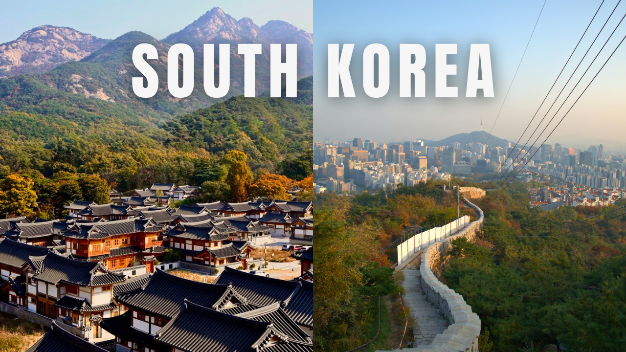 The image features a split view of South Korea's landscape. On the left side, traditional Korean buildings with curved tiled roofs are set among lush green trees and mountains. On the right side, a modern cityscape with high-rise buildings and a cable car trail nestled among trees is visible, with the text 'South Korea' overlayed in large white letters.