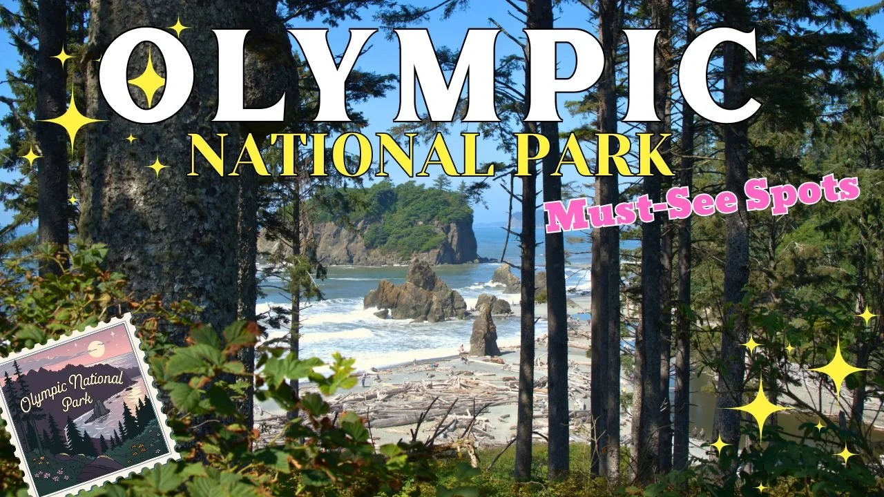 A promotional graphic for Olympic National Park featuring a forested coastal landscape with trees and rocks by the ocean, text saying 'Olympic National Park' and 'Must-See Spots', and a small park stamp in the bottom left corner.