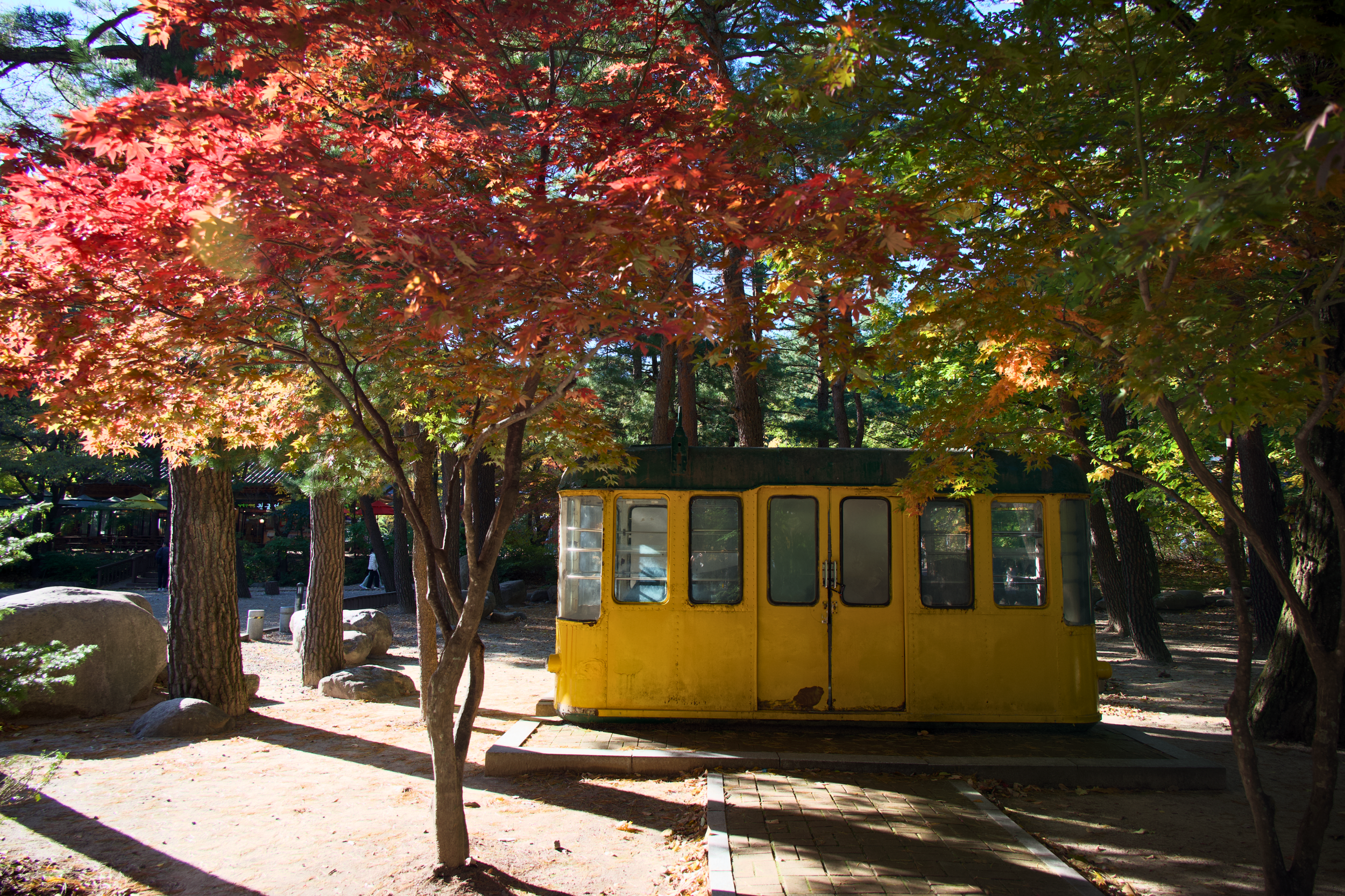 A small yellow booth with windows, situated among trees with autumn-colored leaves, in a park.