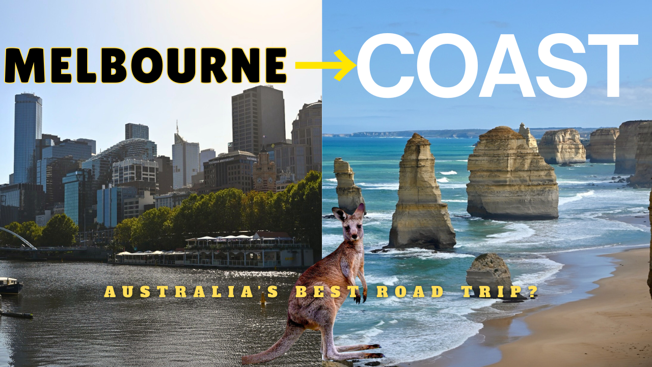 Split image with Melbourne city skyline on the left and the Great Ocean Road coastline with rock formations on the right. A kangaroo is in the center bottom, and text reads 'Melbourne → Coast' with 'Australia's Best Road Trip?' at the bottom.