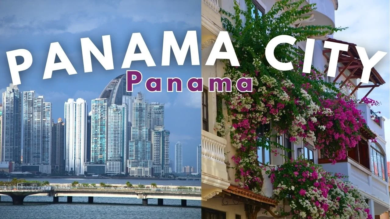 A collage of a modern city skyline with tall skyscrapers and a building with blooming pink and white flowers on the balcony, with the words 'Panama City Panama' overlaid.