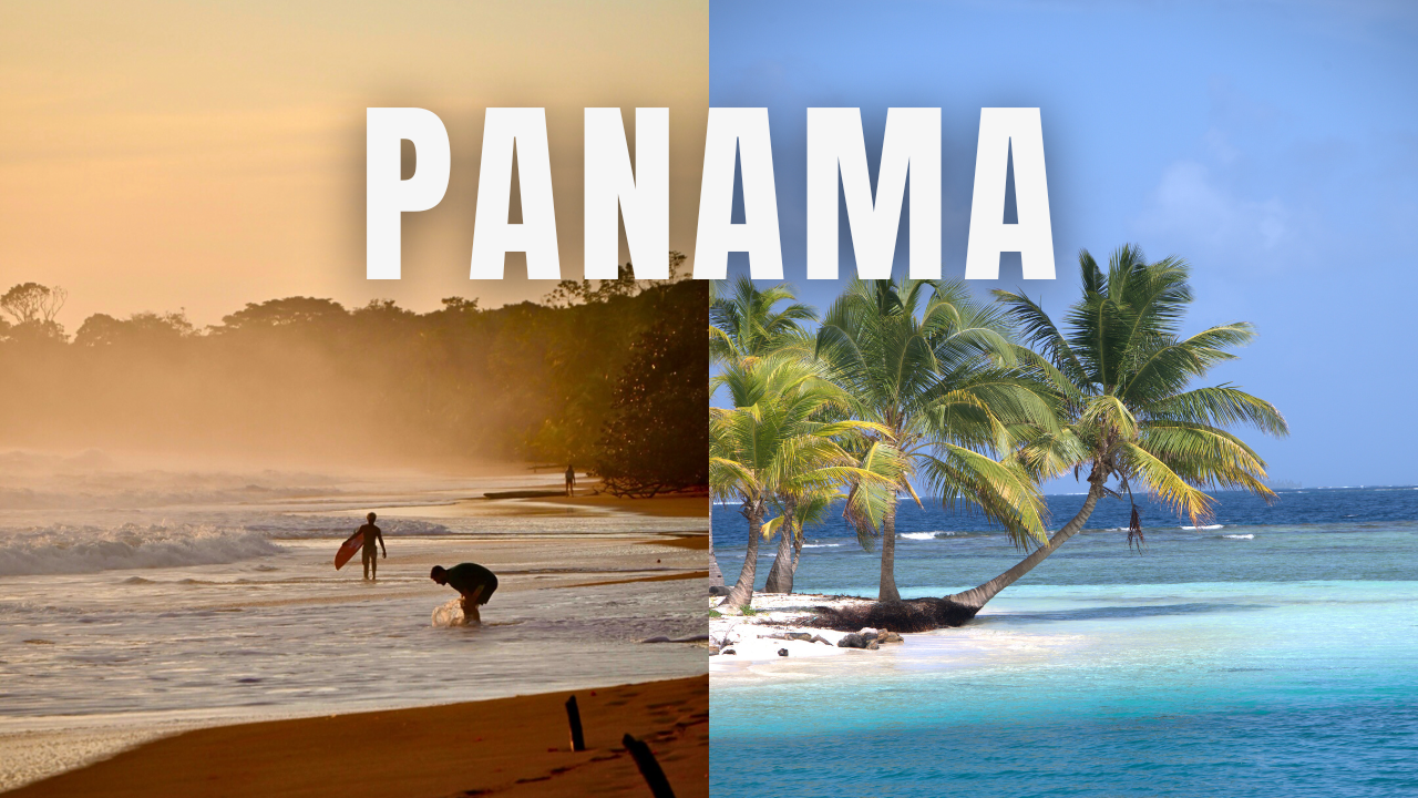 Split image of a beach scene with a sunset on the left and a tropical scene with palm trees and blue waters on the right, overlaid with the word "PANAMA" in large white letters.