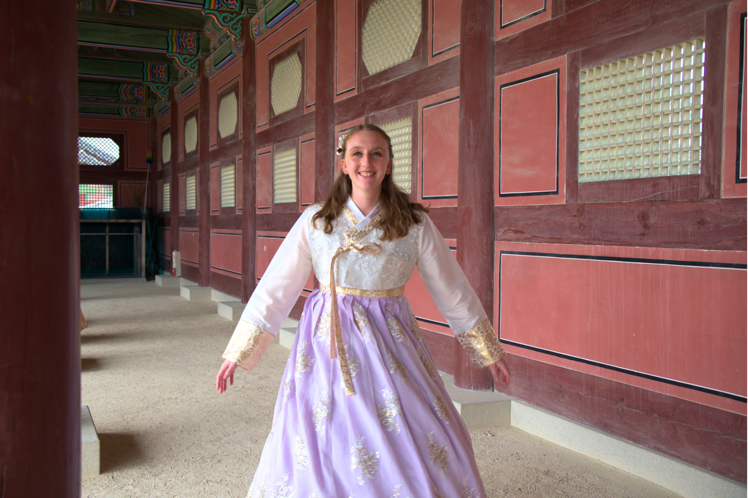 Tourists wearing traditional Korean hanbok at Gyeongbokgung Palace Seoul