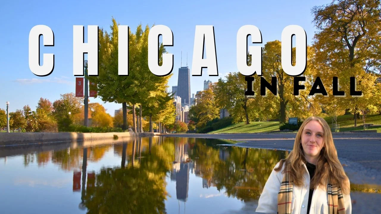 A scenic view of Chicago's skyline during fall with colorful trees along a river, and a woman smiling in the lower right corner. Text overlay says "Chicago in Fall."